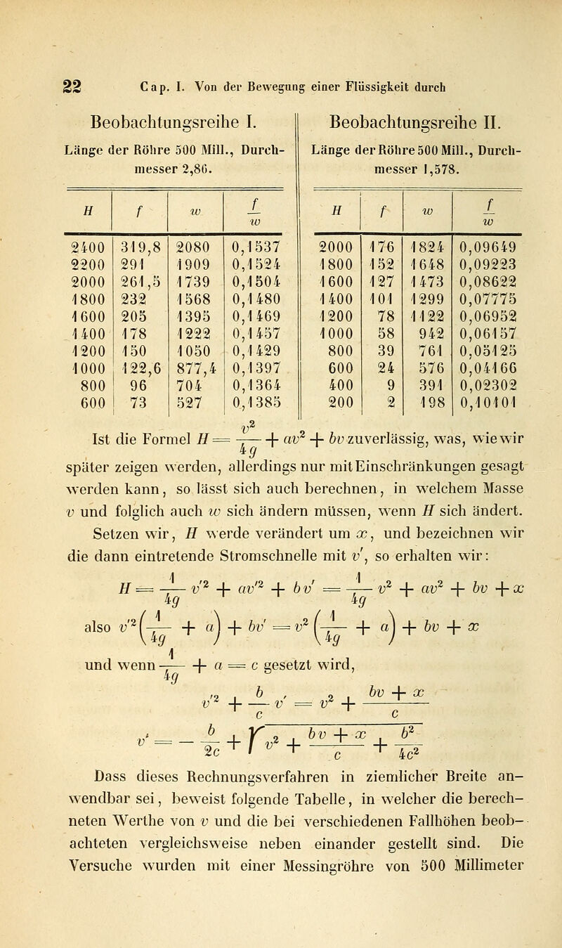 Beobachtungsreihe I. Länge der Röhre 500 Mill., Dureh- messer 2,80. H f IV w 2400 319,8 2080 0,1537 2200 291 1909 0,1524 2000 261,5 1739 0,1504 1800 232 1568 0,1480 1600 205 1395 0,1469 1400 178 1222 0,1457 1200 150 1050 0,1429 1000 122,6 877,4 0,1397 800 ! 96 704 0,1364 600 73 527 0,1385 Beobachtungsreihe II. Länge der Röhre 500 Mill., Dureh- messer 1,578. H f w jf w 2000 176 1824 0,09649 1800 152 1648 0,09223 1600 127 1473 0,08622 1400 101 1299 0,07775 1200 78 1122 0,06952 1000 58 942 0,06157 800 39 761 0,05125 600 24 576 0,04166 400 9 391 0,02302 200 2 198 0,10101 ,2 f- av2 + bv zuverlässig, was, Ist die Formel H später zeigen werden, allerdings nur mit Einschränkungen gesagt werden kann, so lässt sich auch berechnen, in welchem Masse v und folglich auch iv sich ändern müssen, wenn H sich ändert. Setzen wir, H werde verändert um x, und bezeichnen wir die dann eintretende Stromschnelle mit v, so erhalten wir: H = 4- v* + av'2 -f bv' = 4- tg ig 4_ rA-i~ hv = v2 also v2 -f av2 + bv -\-x + -f a) + bv + x und wenn- f- a== c gesetzt wird, % +£* V2 + bv + x c + fv* + bv -\- x 6* 4c2_ ziemlicher Breite + Dass dieses Rechnungsverfahren in ziemlicher tireite an- wendbar sei, beweist folgende Tabelle, in welcher die berech- neten Werthe von v und die bei verschiedenen Fallhöhen beob- achteten vergleichsweise neben einander gestellt sind. Die Versuche wurden mit einer Messingröhre von 500 Millimeter