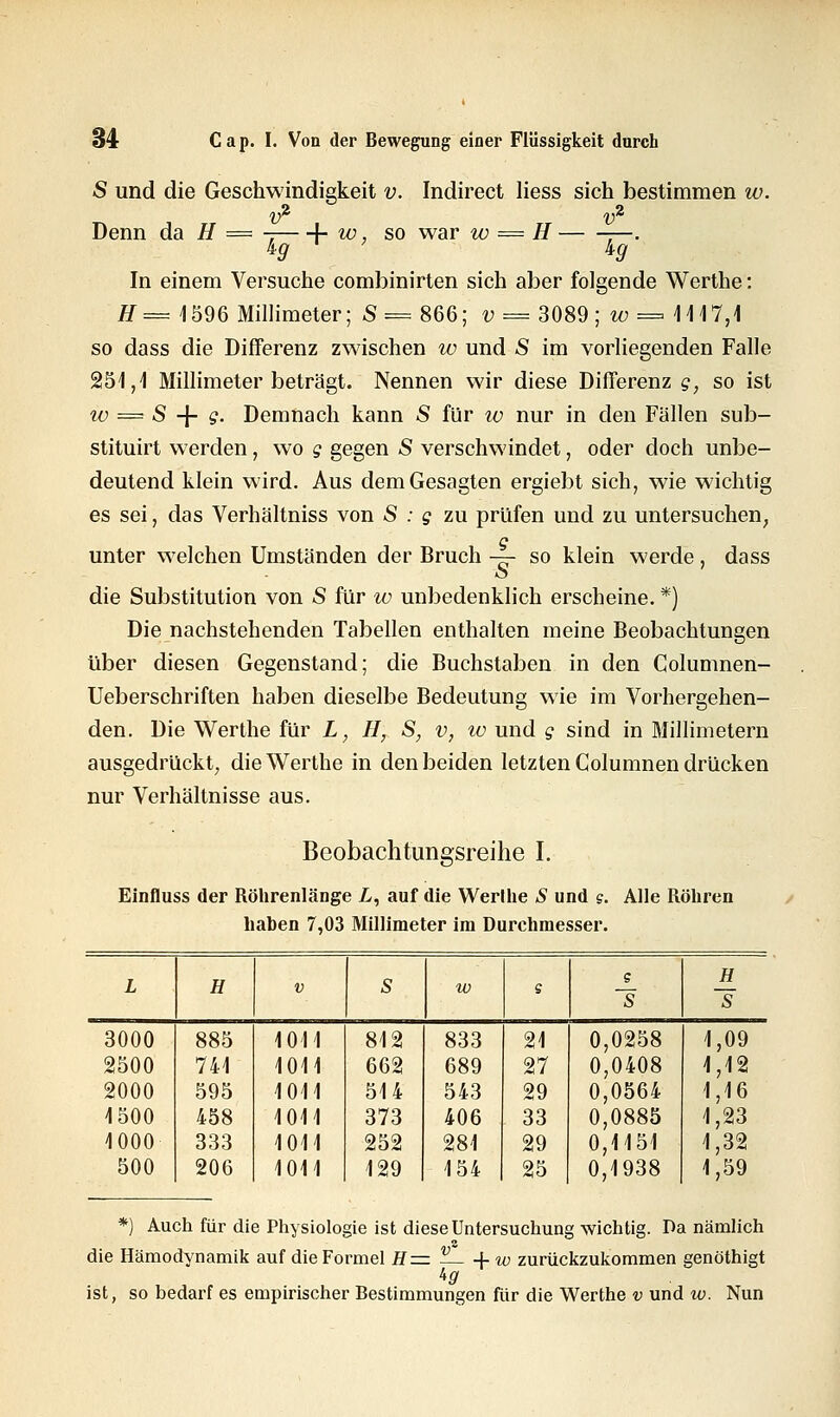 S und die Geschwindigkeit v. Indirect Hess sich bestimmen w. Denn da H = f- w, so war w hg II In einem Versuche combinirten sich aber folgende Werthe: H= 1596 Millimeter; S=866; v = 3089 ; w =» 1117,1 so dass die Differenz zwischen w und £ im vorliegenden Falle 251,1 Millimeter beträgt. Nennen wir diese Differenz g, so ist w = S -{• g. Demnach kann S für w nur in den Fällen sub- stituirt werden, wo g gegen S verschwindet, oder doch unbe- deutend klein wird. Aus dem Gesagten ergiebt sich, wie wichtig es sei, das Verhältniss von S : g zu prüfen und zu untersuchen, g unter welchen Umständen der Bruch — so klein werde, dass o die Substitution von S für w unbedenklich erscheine. *) Die nachstehenden Tabellen enthalten meine Beobachtungen über diesen Gegenstand; die Buchstaben in den Columnen- Ueberschriften haben dieselbe Bedeutung wie im Vorhergehen- den. Die Werthe für L, II, S, v, w und g sind in Millimetern ausgedrückt, die Werthe in den beiden letzten Columnen drücken nur Verhältnisse aus. Beobachtungsreihe I. Einfluss der Röhrenlänge L, auf die Werlhe S und g. Alle Röhren haben 7,03 Millimeter im Durchmesser. L H V s w s e S H S 3000 885 1011 812 833 21 0,0258 1,09 2500 741 1011 662 689 27 0,0408 1,12 2000 595 1011 514 543 29 0,0564 1,16 1500 458 1011 373 406 33 0,0885 1,23 1000 333 1011 252 281 29 0,1151 1,32 500 206 1011 129 154 25 0,1938 1,59 *) Auch für die Physiologie ist diese Untersuchung wichtig. Da nämlich die Hämodynamik auf die Formel H= — -f w zurückzukommen genöthigt ist, so bedarf es empirischer Bestimmungen für die Werthe v und w. Nun