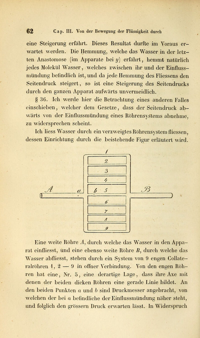 eine Steigerung erfährt. Dieses Resultat durfte im Voraus er- wartet werden. Die Hemmung, welche das Wasser in der letz- ten Anastomose (im Apparate bei y) erfährt, hemmt natürlich jedes Molekül Wasser, welches zwischen ihr und der Einfluss- mündung befindlich ist, und da jede Hemmung des Fliessens den Seitendruck steigert, so ist eine Steigerung des Seitendrucks durch den ganzen Apparat aufwärts unvermeidlich. § 36. Ich werde hier die Betrachtung eines anderen Falles einschieben, welcher dem Gesetze, dass der Seitendruck ab- wärts von der Einflussmündung eines Röhrensystems abnehme, zu widersprechen scheint. Ich liess Wasser durch ein verzweigtes Röhrensystem fliessen, dessen Einrichtung durch die beistehende Figur erläutert wird. A 6 3 Jß Eine weite Röhre A, durch welche das Wasser in den Appa- Wasser abfliesst, stehen durch ein System von 9 engen Collate- ralröhren 1,2 — 9 in offner Verbindung. Von den engen Röh- ren hat eine, Nr. 5, eine derartige Lage, dass ihre Axe mit denen der beiden dicken Röhren eine gerade Linie bildet. An den beiden Punkten a und b sind Druckmesser angebracht, von welchen der bei a befindliche der Einflussmündung näher steht, und folglich den grössern Druck erwarten lässt. In Widerspruch