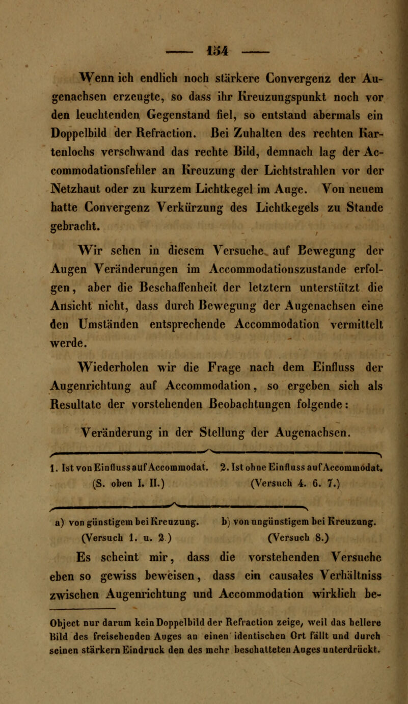 IM Wenn ich endlich noch stärkere Convergenz der Au- genachsen erzeugte, so dass ihr Kreuzungspunkt noch vor den leuchtenden Gegenstand fiel, so entstand abermals ein Doppelbild der Refraction. Bei Zuhalten des rechten Kar- tenlochs verschwand das rechte Bild, demnach lag der Ac- commodationsfehler an Kreuzung der Lichtstrahlen vor der Netzhaut oder zu kurzem Lichtkegel im Auge. Von neuem hatte Convergenz Verkürzung des Lichtkegels zu Stande gebracht. Wir sehen in diesem Versuche auf Bewegung der Augen Veränderungen im Accommodationszustande erfol- gen, aber die Beschaffenheit der letztern unterstützt die Ansicht nicht, dass durch Bewegung der Augenachsen eine den Umständen entsprechende Accoinmodation vermittelt werde. Wiederholen wir die Frage nach dem Einfluss der Augenrichtung auf Accoinmodation, so ergeben sich als Resultate der vorstehenden Beobachtungen folgende: Veränderung in der Stellung der Augenachsen. 1. Ist von Einfluss auf Accommodat. 2. Ist ohne Einfluss auf Acconimodat, (S. oben I. II.) (Versuch 4. 6. 7.) a) von günstigem bei Kreuzung. b) von ungünstigem bei Kreuzung. (Versuch 1. u. %) (Versuch 8.) Es scheint mir, dass die vorstehenden Versuche eben so gewiss beweisen, dass ein causales Verhältniss zwischen Augenrichtung und Accommodation wirklich be- Object nur darum kein Doppelbild der Refraction zeige, weil das hellere Bild des freisehenden Auges an einen identischen Ort fällt und durch seinen stärkern Eindruck den des mehr beschatteten Auges unterdrückt.