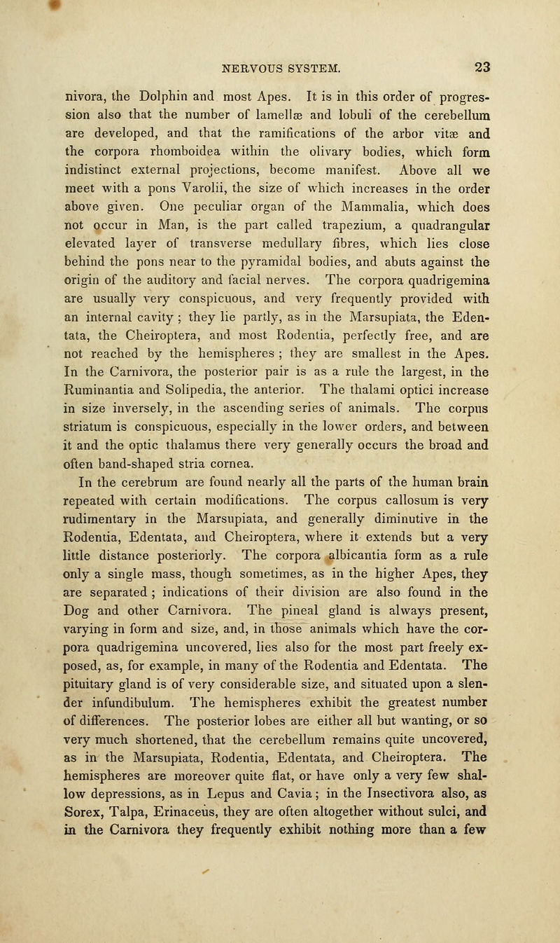 nivora, the Dolphin and most Apes. It is in this order of progres- sion also that the number of lamella? and lobuli of the cerebellum are developed, and that the ramifications of the arbor vitae and the corpora rhomboidea within the olivary bodies, which form indistinct external projections, become manifest. Above all we meet with a pons Varolii, the size of which increases in the order above given. One peculiar organ of the Mammalia, which does not occur in Man, is the part called trapezium, a quadrangular elevated layer of transverse medullary fibres, which lies close behind the pons near to the pyramidal bodies, and abuts against the origin of the auditory and facial nerves. The corpora quadrigemina are usually very conspicuous, and very frequently provided with an internal cavity ; they lie partly, as in the Marsupiata, the Eden- tata, the Cheiroptera, and most Rodentia, perfectly free, and are not reached by the hemispheres ; they are smallest in the Apes. In the Carnivora, the posterior pair is as a rule the largest, in the Ruminantia and Solipedia, the anterior. The thalami optici increase in size inversely, in the ascending series of animals. The corpus striatum is conspicuous, especially in the lower orders, and between it and the optic thalamus there very generally occurs the broad and often band-shaped stria cornea. In the cerebrum are found nearly all the parts of the human brain repeated with certain modifications. The corpus callosum is very rudimentary in the Marsupiata, and generally diminutive in the Rodentia, Edentata, and Cheiroptera, where it extends but a very little distance posteriorly. The corpora albicantia form as a rule only a single mass, though sometimes, as in the higher Apes, they are separated ; indications of their division are also found in the Dog and other Carnivora. The pineal gland is always present, varying in form and size, and, in those animals which have the cor- pora quadrigemina uncovered, lies also for the most part freely ex- posed, as, for example, in many of the Rodentia and Edentata. The pituitary gland is of very considerable size, and situated upon a slen- der infundibulum. The hemispheres exhibit the greatest number of differences. The posterior lobes are either all but wanting, or so very much shortened, that the cerebellum remains quite uncovered, as in the Marsupiata, Rodentia, Edentata, and Cheiroptera. The hemispheres are moreover quite flat, or have only a very few shal- low depressions, as in Lepus and Cavia; in the Insectivora also, as Sorex, Talpa, Erinaceus, they are often altogether without sulci, and in the Carnivora they frequently exhibit nothing more than a few