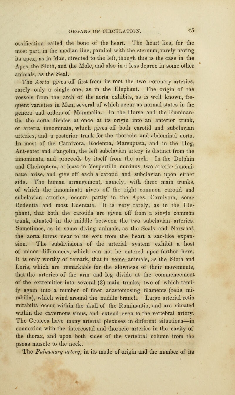 ossification called the bone of the heart. The heart lies, for the most part, in the median line, parallel with the sternum, rarely having its apex, as in Man, directed to the left, though this is the case in the Apes, the Sloth, and the Mole, and also in a less degree in some other animals, as the Seal. The Aorta gives off first from its root the two coronary arteries, rarely only a single one, as in the Elephant. The origin of the vessels from the arch of the aorta exhibits, as is well known, fre- quent varieties in Man, several of which occur as normal states in the genera and orders of Mammalia. In the Horse and the Ruminan- tia the aorta divides at once at its origin into an anterior trunk, or arteria innominata, which gives off both carotid and subclavian arteries, and a posterior trunk for the thoracic and abdominal aorta. In most of the Carnivora, Rodentia, Marsupiata, and in the Hog, Ant-eater and Pangolin, the left subclavian artery is distinct from the innominata, and proceeds by itself from the arch. In the Dolphin and Cheiroptera, at least in Vespertilio murinus, two arteriae innomi- natse arise, and give off each a carotid and subclavian upon either side. The human arrangement, namely, with three main trunks, of which the innominata gives off the right common carotid and subclavian arteries, occurs partly in the Apes, Carnivora, some Rodentia and most Edentata. It is very rarely, as in the Ele- phant, that both the carotids are given off from a single common trunk, situated in the middle between the two subclavian arteries. Sometimes, as in some diving animals, as the Seals and Narwhal, the aorta forms near to its exit from the heart a sac-like expan- sion. The subdivisions of the arterial system exhibit a host of minor differences, which can not be entered upon further here. It is only worthy of remark, that in some animals, as the Sloth and Loris, which are remarkable for the slowness of their movements, that the arteries of the arm and leg divide at the commencement of the extremities into several (3) main trunks, two of which rami- fy again into a number of finer anastomosing filaments (retia mi- rabilia), which wind around the middle branch. Large arterial retia mirabilia occur within the skull of the Ruminantia, and are situated within the cavernous sinus, and extend even to the vertebral artery. The Cetacea have many arterial plexuses in different situations—in connexion with the intercostal and thoracic arteries in the cavity of the thorax, and upon both sides of the vertebral column from the psoas muscle to the neck. The Puhnonary artery, in its mode of origin and the number of its