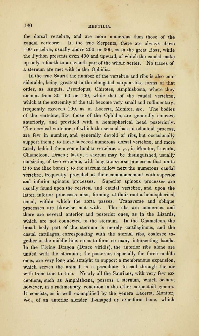 the dorsal vertebrae, and are more numerous than those of the caudal vertebrae. In the true Serpents, there are always above 100 vertebrae, usually above 200, or 300, as in the great Boas, while the Python presents even 400 and upward, of which the caudal make up only a fourth to a seventh part of the whole series. No traces of a sternum are met with in the Ophidia. In the true Sauria the number of the vertebrae and ribs is also con- siderable, being greatest in the elongated serpent-like forms of that order, as Anguis, Pseudopus, Chirotes, Amphisboena, where they amount from 30—60 or 100, while that of the caudal vertebrae, which at the extremity of the tail become very small and rudimentary, frequently exceeds 100, as in Lacerta, Monitor, &c. The bodies of the vertebrae, like those of the Ophidia, are generally concave anteriorly, and provided with a hemispherical head posteriorly. The cervical vertebrae, of which the second has an odontoid process, are few in number, and generally devoid of ribs, but occasionally support them ; to these succeed numerous dorsal vertebrae, and more rarely behind them some lumbar vertebrae, e. g., in Monitor, Lacerta, Chameleon, Draco ; lastly, a sacrum may be distinguished, usually consisting of two vertebrae, with long transverse processes that unite it to the iliac bones ; to the sacrum follow next the numerous caudal vertebrae, frequently provided at their commencement with superior and inferior spinous processes. Superior spinous processes are usually found upon the cervical and caudal vertebrae, and upon the latter, inferior processes also, forming at their root a hemispherical canal, within which the aorta passes. Transverse and oblique processes are likewise met with. The ribs are numerous, and there are several anterior and posterior ones, as in the Lizards, which are not connected to the sternum. In the Chameleon, the broad body part of the sternum is merely cartilaginous, and the costal cartilages, corresponding with the sternal ribs, coalesce to- gether in the middle line, so as to form so many intersecting bands. In the Flying Dragon (Draco viridis), the anterior ribs alone are united with the sternum ; the posterior, especially the three middle ones, are very long and straight to support a membranous expansion, which serves the animal as a parachute, to sail through the air with from tree to tree. Nearly all the Saurians, with very few ex- ceptions, such as Amphisboena, possess a sternum, which occurs, however, in a rudimentary condition in the other serpentoid genera. It consists, as is well exemplified by the genera Lacerta, Monitor, &c, of an anterior slender T-shaped or cruciform bone, which