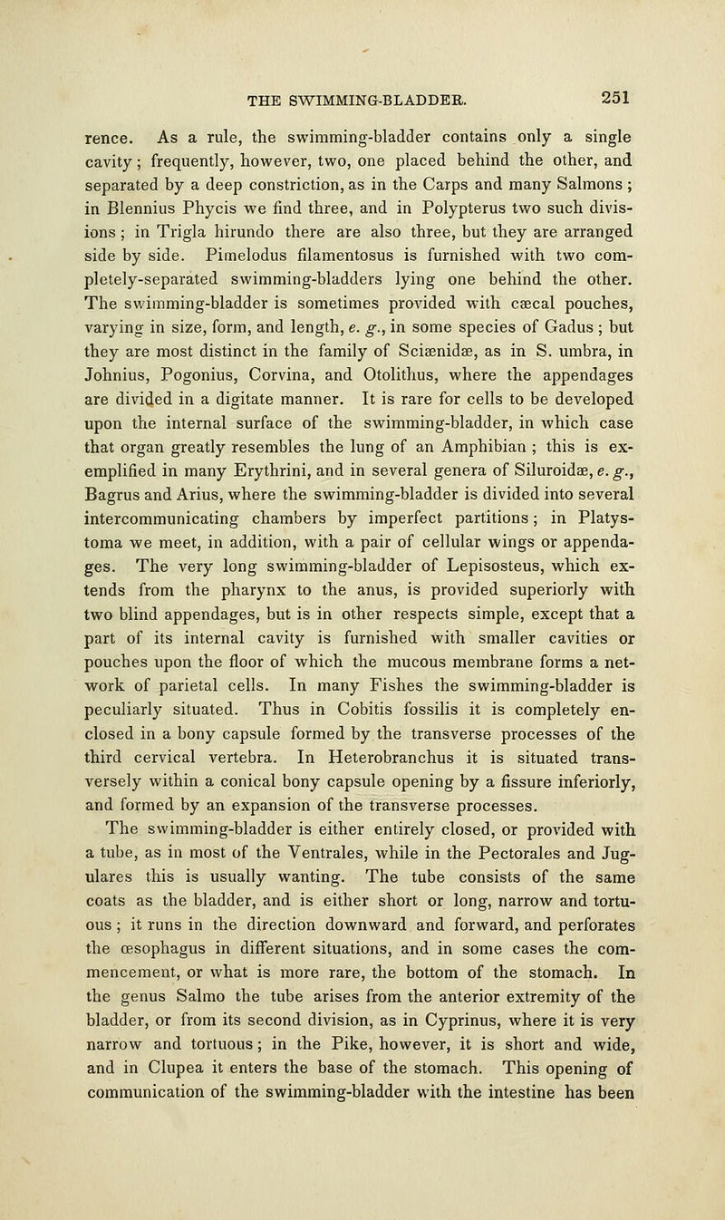 rence. As a rule, the swimming-bladder contains only a single cavity; frequently, however, two, one placed behind the other, and separated by a deep constriction, as in the Carps and many Salmons; in Blennius Phycis we find three, and in Polypterus two such divis- ions ; in Trigla hirundo there are also three, but they are arranged side by side. Pimelodus filamentosus is furnished with two com- pletely-separated swimming-bladders lying one behind the other. The swimming-bladder is sometimes provided with caecal pouches, varying in size, form, and length, e. g., in some species of Gadus ; but they are most distinct in the family of Sciaenidae, as in S. umbra, in Johnius, Pogonius, Corvina, and Otolithus, where the appendages are divided in a digitate manner. It is rare for cells to be developed upon the internal surface of the swimming-bladder, in which case that organ greatly resembles the lung of an Amphibian ; this is ex- emplified in many Erythrini, and in several genera of Siluroidse, e. g., Bagrus and Arius, where the swimming-bladder is divided into several intercommunicating chambers by imperfect partitions; in Platys- toma we meet, in addition, with a pair of cellular wings or appenda- ges. The very long swimming-bladder of Lepisosteus, which ex- tends from the pharynx to the anus, is provided superiorly with two blind appendages, but is in other respects simple, except that a part of its internal cavity is furnished with smaller cavities or pouches upon the floor of which the mucous membrane forms a net- work of parietal cells. In many Fishes the swimming-bladder is peculiarly situated. Thus in Cobitis fossilis it is completely en- closed in a bony capsule formed by the transverse processes of the third cervical vertebra. In Heterobranchus it is situated trans- versely within a conical bony capsule opening by a fissure inferiorly, and formed by an expansion of the transverse processes. The swimming-bladder is either entirely closed, or provided with a tube, as in most of the Ventrales, while in the Pectorales and Jug- ulares this is usually wanting. The tube consists of the same coats as the bladder, and is either short or long, narrow and tortu- ous ; it runs in the direction downward and forward, and perforates the oesophagus in different situations, and in some cases the com- mencement, or what is more rare, the bottom of the stomach. In the genus Salmo the tube arises from the anterior extremity of the bladder, or from its second division, as in Cyprinus, where it is very narrow and tortuous; in the Pike, however, it is short and wide, and in Clupea it enters the base of the stomach. This opening of communication of the swimming-bladder with the intestine has been