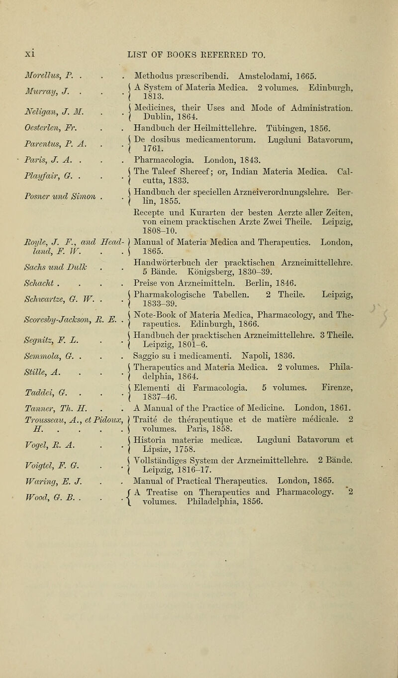 Mo'rellus, P. . Murray, J. Neligan, J. 31. Oesterlen, Fr, Parentus, P. A. Paris, J. A. . Playfair, G. . Posner unrl Simon Boyle, J. F., and Head land, F. IF. Sachs und Dulk Schacht . Schwartze, G. W. . Scoreshj-Jackson, M. E. Segnitz, F. L. Semmola, G. . Stille, A. Taddei, G. Tanner, Th. E. . Trousseau, A., etPidoux. H. , . . ' Vogel, E. A. Voigtel, F. G. Waring, E. J. Wood, G.B.. Methodus prsescribendi. Amstelodami, 1665. A System of Materia Medica. 2 volumes. Edinburgli, 1813. Mediciues, their Uses and Mode of Administration. DuMin, 1864 Handbucli der Heilmittellehre. TiiLingen, 1856. De dosibus medicamentorum. Lugduni Batavorum, 1761. Pharmacologia. London, 1843. The Taleef Sbereef; or, Indian Materia Medica. Cal- cutta, 1833. Handbucb der speciellen Arzneiverordnungslelire. Ber- lin, 1855. Kecepte und Kurarten der besten Aerzte aller Zeiten, von einem pracktischen Arzte Zwei Theile. Leipzig, 1808-10. Manual of Materia Medica and Therapeutics. London, 1865. Handworterbuch der pracktischen Arzneimittellehre. 5 Bande. Konigsberg, 1830-39. Preise von Arzneimitteln. Berlin, 1846. Pharmakologische Tabellen. 2 Theile. Leipzig, 1833-39. \ Note-Book of Materia Medica, Pharmacology, and The- \ rapeutics. Edinburgh, 1866. Handbuch der pracktischen Arzneimittellehre. 3 Theile. Leipzig, 1801-6. Saggio su i medicamenti. Napoli, 1836. Therapeutics and Materia Medica. 2 volumes. Phila- delphia, 1864. Elementi di Farmacologia. 5 volumes. Firenze, 1837-46. A Manual of the Practice of Medicine. London, 1861. Traite de therapeutique et de matiere medicale. 2 volumes. Paris, 1858. Historia materiae medicee. Lugduni Batavorum et Lipsise, 1758. VoUstandiges System der Arzneimittellehre. 2 Bande. Leipzig, 1816-17. Manual of Practical Therapeutics. London, 1865. f A Treatise on Therapeutics and Pharmacology. 2 \ volumes. Philadelphia, 1856.