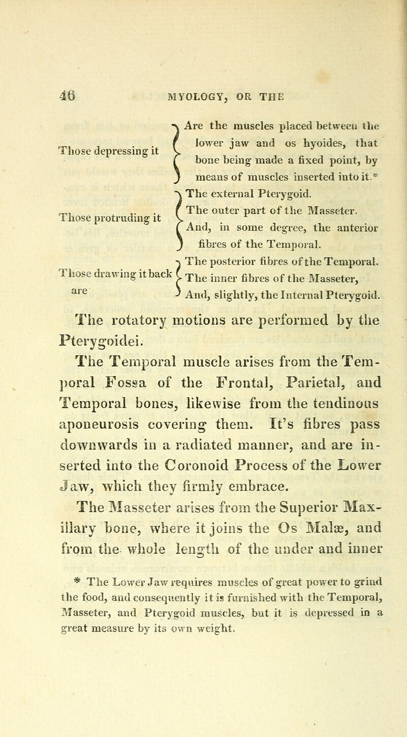 Are the muscles placed between the ^, , ... loM^er iaw and os hyoides, that Those depressing it y bone being made a fixed pomt, by means of muscles inserted into it.* The external Pterygoid. „, ,. ., , The outer part of the Masseter. Those protruding it V And, in some degree, the anterior fibres of the Temporal. •\ The posterior fibres of the Temporal. Those drawing it back f ^^^^ ^^^^^, ^^^,^^ ^^ ^^^ Masseter, ^''^ ^ And, slightly, the Internal Pterygoid. The rotatory motions are performed by the Pterygoidei. The Temporal muscle arises from the Tem- poral Fossa of the Frontal, Parietal, and Temporal bones, likewise from the tendinous aponeurosis covering them. It's fibres pass downwards in a radiated manner, and are in- serted into the Coronoid Process of the Lower Jaw, which they firmly embrace. The Masseter arises from the Superior Max- illary bone, where it joins the Os Malae, and from the whole length of the under and inner * The Lower Jaw requires muscles of great power to grind the food, and consequently it is furnished with the Temporal, Masseter, and Pterygoid muscles, but it is depressed in a great measure by its own weight.