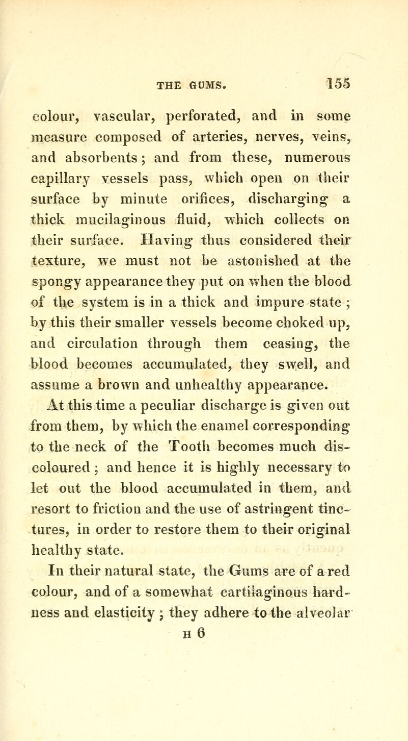 colour, vascular, perforated, and in some measure composed of arteries, nerves, veins, and absorbents; and from these, numerous capillary vessels pass, which open on their surface by minute orifices, discharging a thick mucilaginous fluid, which collects on their surface. Having thus considered their texture, we must not be astonished at the spongy appearance they put on when the blood of the system is in a thick and impure state ; by this their smaller vessels become choked up, and circulation through them ceasing, the blood becomes accumulated, they swell, and assume a brown and unhealthy appearance. At this time a peculiar discharge is given out from them, by which the enamel corresponding to the neck of the Tooth becomes much dis- coloured ; and hence it is highly necessary to let out the blood accumulated in them, and resort to friction and the use of astringent tinc- tures, in order to restore them to their original healthy state. In their natural state, the Gums are of a red colour, and of a somewhat cartilaginous hard- ness and elasticity j they adhere to the alveolar h6