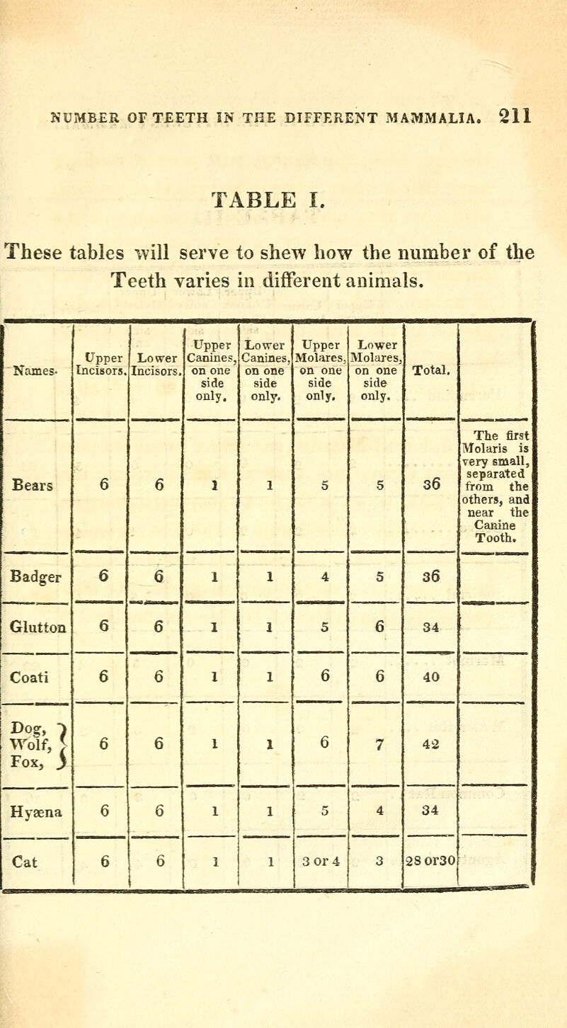 TABLE I. These tables will serve to shew how the number of the Teeth varies in different animals. ■ Names- Upper Incisors. Lovrer Incisors. Canines, on one side only. Lower Canines, on one side only. Upper Molares, on one side only. Lower Molares, on one side only. Total. Bears 6 6 1 1 5 5 36 The first Molaris is very small, separated from the others, and near the Canine Tooth. Badger 1 1 4 5 36 6 6 Glutton 6 6 1 1 5 6 34 Coati 6 6 1 1 6 6 40 Wolf, [ Fox, 3 6 6 1 1 6 7 42 Hyaena 6 6 1 1 5 4 34 Cat 6 6 1 1 3 or 4 3 2Sor30