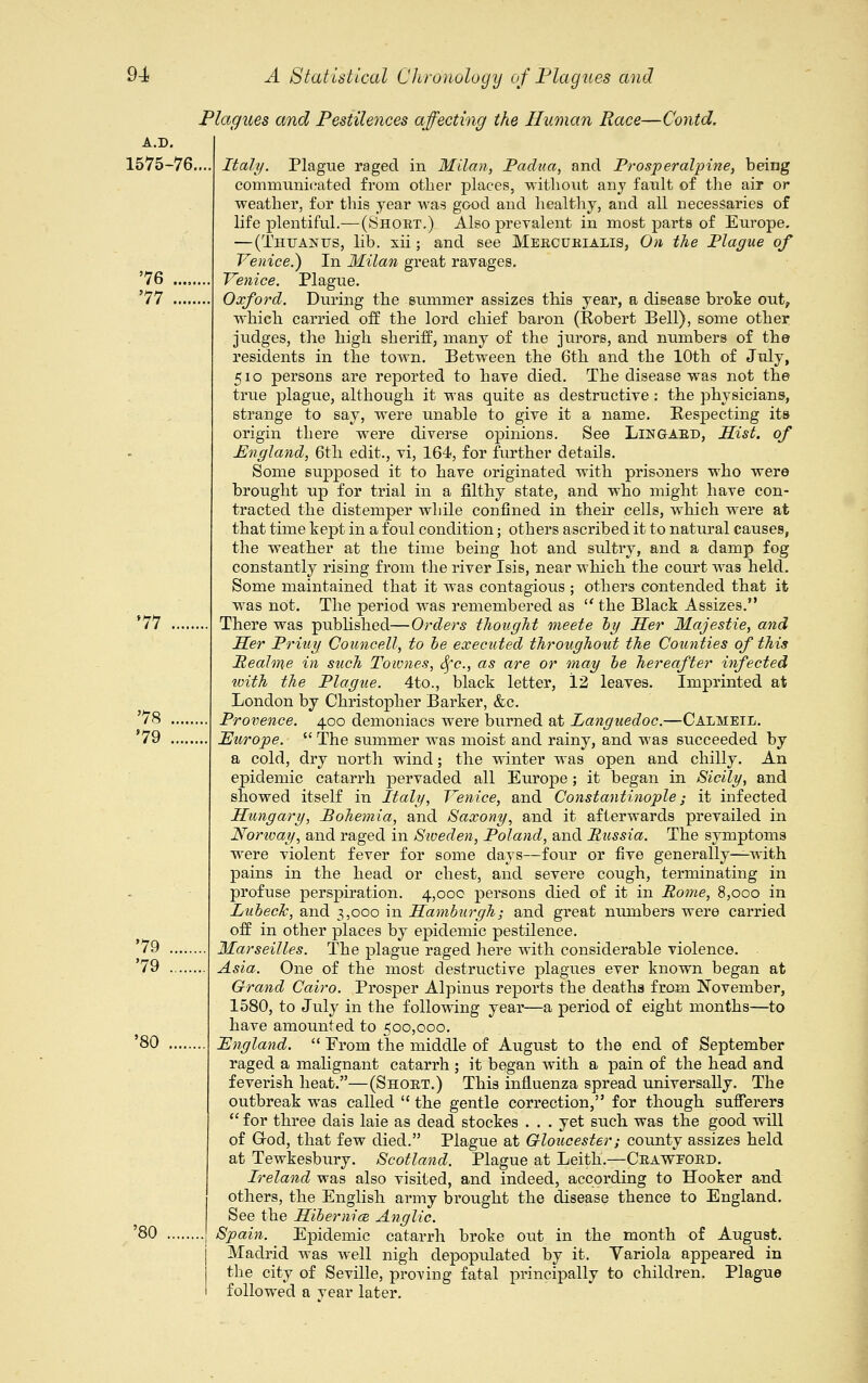 Plagues and Pestilences affecting the Human Race—Contd. A.D. 1575-76. '76 '77 '78 79 '79 '80 '80 Itall/. Plague raged in Milan, Padua, and Prosperalpine, being communicated from other places, without any fault of the air or weather, for this year was good and healthy, and all necessaries of life plentiful.—(Short.) Also prevalent in most parts of Europe. — (Thtjantts, lib. xii; and see Mercurialis, On the Plague of Venice.) In Milan great ravages. Venice. Plague. Oxford. During the summer assizes this year, a disease broke out, which carried off the lord chief baron (Robert Bell), some other judges, the high sheriff, many of the jurors, and numbers of the residents in the town. Between the 6th and the 10th of July, 510 persons are reported to have died. The disease was not the true plague, although it was quite as destructive : the physicians, strange to say, were unable to give it a name. Respecting its origin there were diverse opinions. See Lingard, Hist, of England, 6th edit., vi, 164, for further details. Some supposed it to have originated with prisoners who were brought up for trial in a filthy state, and who might have con- tracted the distemper while confined in their cells, which were at that time kept in a foul condition; others ascribed it to natural causes, the weather at the time being hot and sultry, and a damp fog constantly rising from the river Isis, near which the court was held. Some maintained that it was contagious ; others contended that it was not. The period was remembered as  the Black Assizes. There was published—Orders thought meete by Her Majestie, and Her Priuy Councell, to be executed throughout the Counties of this Realme in such Toiones, Sfc, as are or mag be hereafter infected with the Plague. 4to., black letter, 12 leaves. Imprinted at London by Christopher Barker, &c. Provence. 400 demoniacs were burned at Languedoc.—Calmeil. Europe.  The summer was moist and rainy, and was succeeded by a cold, dry north wind; the winter was open and chilly. An epidemic catarrh pervaded all Europe; it began in Sicily, and showed itself in Italy, Venice, and Constantinople; it infected Hungary, Bohemia, and Saxony, and it afterwards prevailed in Nortoay, and raged in Siueden, Poland, and Russia. The symptoms were violent fever for some days—four or five generally—with pains in the head or chest, and severe cough, terminating in profuse perspiration. 4,000 persons died of it in Rome, 8,000 in Lubech, and 3,000 in Hamburgh; and great numbers were carried off in other places by epidemic pestilence. Marseilles. The plague raged here with considerable violence. Asia. One of the most destructive plagues ever known began at Grand Cairo. Prosper Alpinus reports the deaths from November, 1580, to July in the following year—a period of eight months—to have amounted to 500,000. England.  Erom the middle of August to the end of September raged a malignant catarrh ; it began with a pain of the head and feverish heat.—(Short.) This influenza spread universally. The outbreak was called  the gentle correction, for though sufferers  for three dais laie as dead stockes . . . yet such was the good will of G-od, that few died. Plague at Gloucester; county assizes held at Tewkesbury. Scotland. Plague at Leith.—Crawford. Ireland was also visited, and indeed, according to Hooker and others, the English army brought the disease thence to England. See the Hibemice Anglic. Spain. Epidemic catarrh broke out in the month of August. Madrid was well nigh depopulated by it. Variola appeared in the city of Seville, proving fatal principally to children. Plague followed a vear later.