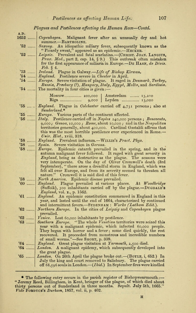 Plagues and Pestilences affecting the Human Race—Contd. Copenhagen. Malignant fever after an unusually dry and hot summer.—Baktholine. Saxony. An idiopathic miliary fever, subsequently known as the Picardy sweat, appeared as an epidemic.—Hecker. Leipsic. Prevalent and fatal scarlatina.— (Cueist. Joan. Langius, Brax. Med., part 2, cap. 14, § 9.) This outbreak often mistaken for the first appearance of miliaria in Europe.—De BIaen, de Divis. Feb. § 4. Ireland. Plague in Galway.—Life of Bishop Kirtoan. England. Pestilence severe in Chester in April. Europe. Severe visitation of plague. It raged in Denmark, Turkey, Russia, Bresburg (?), Hungary, Italy, Egypt, Malta, and Sardinia. The mortality in four cities is given:— Moscow 200,000 I Amsterdam 13,200 Riga 9,000 I Leyden 13,000 England. Plague in Colchester carried off 4,731 persons; also at Sunderland* Europe. Various parts of the continent affected. Italy. Pestilence carried off in Naples 240,000 persons ; Benevento, 9,000; Genoa, 10,000 ; Rome, about 10,000 ; and in the Neapolitan territories generally, about 400,000. Cardinal Grastaldi affirms that this was the most horrible pestilence ever experienced in Rome.— Univ. Hist., xviii, 318. England. Prevalent influenza.—Willis's Bract. Bhys. Spain. Severe visitation in Oerona. Europe. Epidemic catarrh prevailed in the spring, and in the autumn malignant fever followed. It raged with great severity in England, being as destructive as the plague. The seasons were very intemperate. On the day of Oliver Cromwell's death (3rd September),  there arose a dreadful storm in England, which was felt all over Europe, and from its severity seemed to threaten all nature. Cromwell it is said died of this fever. North America. Epidemic disease prevailed. England. Plague prevailed at various places. At Woodbridge (Suffolk), 300 inhabitants carried off by the plague.—Dugodale's England, vol. 1., p. 1562. England. An epidemic constitution commenced in England in this year, and lasted until the end of 1664, characterised by continued and intermittent fevers.—Sydenham : Works (Latham Edit.). Northern Europe. In the cities of Leipzig and Copenhagen plague prevailed. Venice. Lost 60,000 inhabitants by pestilence. Southern Europe. The whole Venetian territories were seized this year with a malignant epidemic, which infected 60,000 people. They began with horror and a fever; some died quickly, the rest recovered. It proceeded from monstrous and incredible numbers of small worms.—See Short, p. 338. England. Great plague visitation at Yarmouth, 2,500 died. London. A malignant epidemy, which subsequently developed into the great plague. London. On 26th April the plague broke out.—(Boyle, i, 652.) In July the king and court removed to Salisbury. The plague carried off 68,596 souls in London.—(Ibid.) In September fires were kindled * The following entry occurs in the parish register of Bishopwearmouth :—  Jeremy Reed, Billingham, in Kent, bringer of the plague, of which died about thirty persons out of Sunderland in three months. Sepult. July 5th, 1665. Vide Fobdycb's Durham, 1857, vol. ii, p. 402.