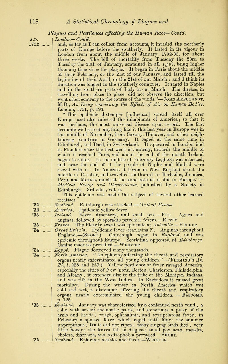 Plagues and Pestilences affecting the Human Race— Contd. a.d. London— Contd. 1732 and, as far as I can collect from accounts, it invaded the northerly- parts of Europe before the southerly. It lasted in its vigour in London from about the middle of January, 1732-33, for about three weeks. The bill of mortality from Tuesday the 23rd to Tuesday the 30th of January, contained in all 1,588, being higher than any time since the plague. It began in Paris about the middle of their February, or the 21st of our January, and lasted till the beginning of their April, or the 21st of our March ; and I think its duration was longest in the southerly countries. It raged in Naples and in the southern parts of Italy in our March. The disease, in travelling from place to place, did not observe the direction, but went often contrary to the course of the winds.—John Arbtjthnot, M.D., An Essay concerning the Effects of Air on Human Bodies. London, 1751, p. 193.  This epidemic distemper [influenza] spread itself all over Europe, and also infected the inhabitants of America; so that it was, perhaps, the most universal disease upon record. The first accounts we have of anything like it this last year in Europe was in the middle of November, from Saxony, Hanover, and other neigh- . bouring countries in Grermany. It raged at the same time in Edinburgh, and Basil, in Switzerland. It appeared in London and in Flanders after the first week in January, towards the middle of which it reached Paris, and about the end of the month Ireland began to suffer. In the middle of February Leghorn was attacked, and near the end of it the people of Naples and Madrid were seized with it. In America it began in New England about the middle of October, and travelled southward to Barbados, Jamaica, Peru, and Mexico, much at the same rate as it did in Europe.— Medical Essays and Observations, published by a Society in Edinburgh. 3rd edit., vol. ii. This epidemic was made the subject of several other learned treatises. Scotland. Edinburgh was attacked.—Medical Essays. America. Epidemic yellow fever. Ireland. Fever, dysentery, and small pox.—Ptte. Agues and anginas, followed by sporadic petechial fevers.—Butty. France. The Picardy sweat was epidemic at Abbeville.—Hecker. Great Britain. Epidemic fever (scarlatina ?). Anginas throughout England.—(Short.) Chincough began in England, and was epidemic throughout Europe. Scarlatina appeared at Edinburgh. Canine madness prevailed.—Webster. Egypt. Plague destroyed many thousands. North America.  An epidemy affecting the throat and respiratory organs nearly exterminated all young children.—(Fleming's An. PI., i, 258 and 259.) Yellow pestilence or fever ravaged America, especially the cities of New York, Boston, Charleston, Philadelphia, and Albany ; it extended also to the tribe of the Mohigan Indians, and was rife in the West Indies. In Barbadoes it caused great mortality. During the winter in North America, which was cold and wet, a distemper affecting the throat and respiratory organs nearly exterminated the young children. — Bascome, p. 125. '35 England. January was characterised by a continued north wind ; a colic, with severe rheumatic pains, and sometimes a palsy of the arms and hands ; cough, ophthalmia, and erysipelatous fever; in February a spotted fever, which raged until May; the summer unpropitious ; fruits did not ripen ; many singing birds died ; very little honey; the leaves fell in August; small pox, scab, measles, cholera, diarrhoea, and hydrophobia prevailed.—Short. '35 Scotland. Epidemic measles and fever.—Webster. '32 '32 '33 '33 '34 '34 '34