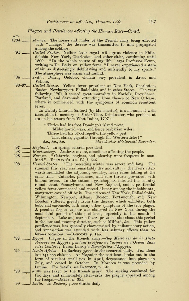 Plagues and Pestilences affecting the Human Race—Contd. '96-97. France. The horses and mules of the French army being affected with  mange, the disease was transmitted to and propagated among the soldiers. United States. Yellow fever raged with great violence in Phila- delphia, New York, Charleston, and other cities, continuing until 1800.  In the whole course of my life, says Professor Kemp, writing to Dr. Baily on yellow fever,  I never experienced a state of air so distressingly debilitating and unfriendly to my spirits. The atmosphere was warm and humid. India. During October, cholera very prevalent in Arcot and Vellore. United States. Yellow fever prevalent at New York, Charleston, Boston, Newburyport, Philadelphia, and in other States. The year following, 1797, it caused great mortality in Norfolk, Providence, Portland, and Savannah, extending from thence to New Orleans, where it commenced with the symptoms of common remittent fever. In Trinity Church, Salford (by Manchester), is a monument with inscription to memory of Major Thos. Drinkwater, who perished at sea on his return from West Indies, 1797 :—  Thrice had his foot Domingo's island prest, 'Midst horrid wars, and fierce barbarian wiles ; Thrice had his blood repell'd the yellow pest That stalks, gigantic, through the Western Isles!  &c, &c, &c. —Manchester Historical Recorder. England. In spring, catarrh prevalent. Wurtemberg. Anthrax severe, sometimes affecting the people. Europe.  Catarrhs, anginas, and pleurisy were frequent in man- kind.—Fleming's An. PL, i, 546. United States.  The preceding winter was severe and long. The summer this year was remarkably dry and sultry ; the rivers after- wards inundated the adjoining country, heavy rains falling at the same time. Catarrhs, pleurisies, and sore throats prevailed, with bilious fevers. In the autumn, grasshoppers infested the country round about Pennsylvania and New England, and a pestilential yellow fever commenced and spread dismay among the inhabitants ; many were carried off by it. Tbe citizens of New York, Philadelphia, Wilmington, Newport, Albany, Boston, Portsmouth, and New London suffered greatly from this disease, which exhibited both bubo and carbuncle, with many other symptoms of the true plague. A peculiar fog or vapour was observed in New York during the most fatal period of this pestilence, especially in the month of September. Lake and marsh fevers prevailed also about this period in the low and swampy districts, such as Milford, &c. This yellow pestilence was less generally characterised by inflammatory action, and venesection was attended with less salutary effects than on former occasions.—Bascome, p. 145. Egypt. Plague in the French army.—See Memoires de la Peste observee en Egypte pendant le sejour de Varmee de VOrient dans cette Contree ; Baron Larrey's Description d'Egypte. North Africa. In Barbary 3,oco deaths occurred daily. Fez alone lost 247,000 citizens. At Mogador the pestilence broke out in the form of virulent small pox in April, degenerated into plague in July, and ceased in October. In Morocco it was preceded by famine. For details, see Bascome, p. 145. Jaffa was taken by the French army. The sacking continued for two days, and immediately afterwards the plague appeared among the troops.—Boyle, ii, 351. India. In Bombay 3,000 deaths daily.