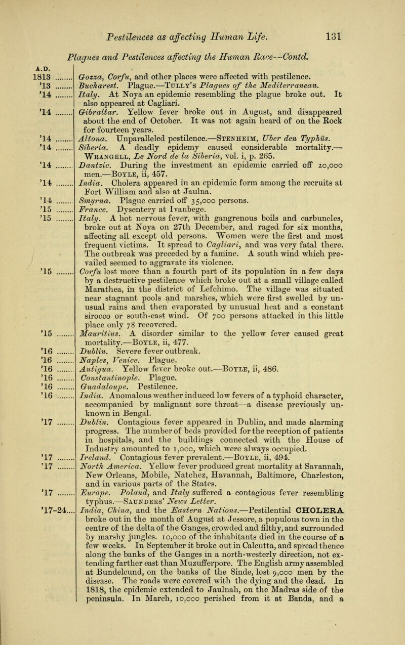 Plagues and Pestilences affecting the Human Race—Contd. Gozza, Corfu, and other places were affected with pestilence. Bucharest. Plague.—Tully's Plagues of the Mediterranean. Italy. At INoya an epidemic resembling the plague broke out. It also appeared at Cagliari. Gibraltar. Yellow fever broke out in August, and disappeared about the end of October. It was not again heard of on the Eock for fourteen years. Altona. Unparalleled pestilence.—Stenheim, Tiber den Typhus. Siberia. A deadly epidemy caused considerable mortality.— Wrangell, Le Nord de la Siberia, vol. i, p. 265. Dantzic. During the investment an epidemic carried off 20,000 men.—Boyle, ii, 457. India. Cholera appeared in an epidemic form among the recruits at Fort William and also at Jaulna. Smyrna. Plague carried off 35,000 persons. France. Dysentery at Ivanbege. Italy. A hot nervous fever, with gangrenous boils and carbuncles, broke out at Noya on 27th December, and raged for six months, affecting all except old persons. Women were the first and most frequent victims. It spread to Cagliari, and was very fatal there. The outbreak was preceded by a famine. A south wind which pre- vailed seemed to aggravate its violence. Corfu lost more than a fourth part of its population in a few days by a destructive pestilence which broke out at a small village called Marathea, in the district of Lefchimo. The village was situated near stagnant pools and marshes, which were first swelled by un- usual rains and then evaporated by unusual heat and a constant sirocco or south-east wind. Of 700 persons attacked in this little place only 78 recovered. Mauritius. A disorder similar to the yellow fever caused great mortality.—Boyle, ii, 477. Dublin. Severe fever outbreak. Naples, Venice. Plague. Antigua. Yellow fever broke out.—Boyle, ii, 486. Constantinople. Plague. Guadeloupe. Pestilence. India. Anomalous weather induced low fevers of a typhoid character, accompanied by malignant sore throat—a disease previously un- known in Bengal. Dublin. Contagious fever appeared in Dublin, and made alarming progress. The number of beds provided for the reception of patients in hospitals, and the buildings connected with the House of Industry amounted to 1,00c, which were always occupied. Ireland. Contagious fever prevalent.—Boyle, ii, 494. North America. Yellow fever produced great mortality at Savannah, New Orleans, Mobile, Natchez, Havannah, Baltimore, Charleston, and in various parts of the States. Europe. Poland, and Italy suffered a contagious fever resembling typhus.—Saunders' News Letter. I—24.... India, China, and the Eastern Nations.—Pestilential CHOLERA broke out in the month of Aiigust at Jessore, a populous town in the centre of the delta of the Ganges, crowded and filthy, and surrounded by marshy jungles. 10,000 of the inhabitants died in the course of a few weeks. In September it broke out in Calcutta, and spread thence along the banks of the Granges in a north-westerly direction, not ex- tending farther east than Muzufferpore. The English army assembled at Bundelcund, on the banks of the Sinde, lost 9,000 men by the disease. The roads were covered with the dying and the dead. In 1818, the epidemic extended to Jaulnah, on the Madras side of the peninsula. In March, 10,000 perished from it at Banda, and a