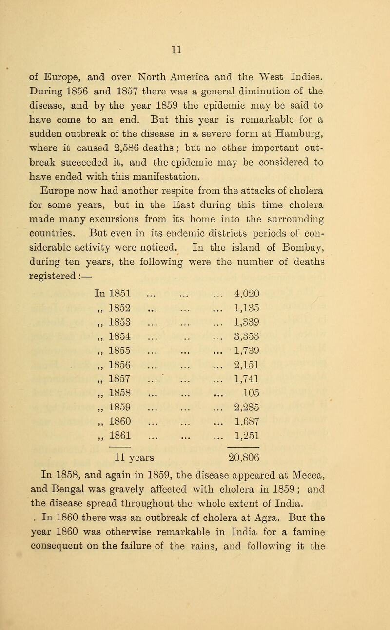 of Europe, and over North America and the West Indies. During 1856 and 1857 there was a general diminution of the disease, and by the year 1859 the epidemic may be said to have come to an end. But this year is remarkable for a sudden outbreak of the disease in a severe form at Hamburg, where it caused 2,586 deaths ; but no other important out- break succeeded it, and the epidemic may be considered to have ended with this manifestation. Europe now had another respite from the attacks of cholera for some years, but in the East during this time cholera made many excursions from its home into the surrounding countries. But even in its endemic districts periods of con- siderable activity w^ere noticed. In the island of Bombay, during ten years, the following were the number of deaths 4,020 1,135 1,339 3,353 1,739 2,151 1,741 105 2,285 1,687 1,251 registered: — In 1851 „ 1852 „ 1853 „ 1854 „ 1855 „ 1856 „ 1857 „ 1858 „ 1859 „ 1860 „ 1861 11 years 20,806 In 1858, and again in 1859, the disease appeared at Mecca, and Bengal was gravely affected with cholera in 1859; and the disease spread throughout the whole extent of India. . In 1860 there was an outbreak of cholera at Agra. But the year 1860 was otherwise remarkable in India for a famine consequent on the failure of the rains, and following it the