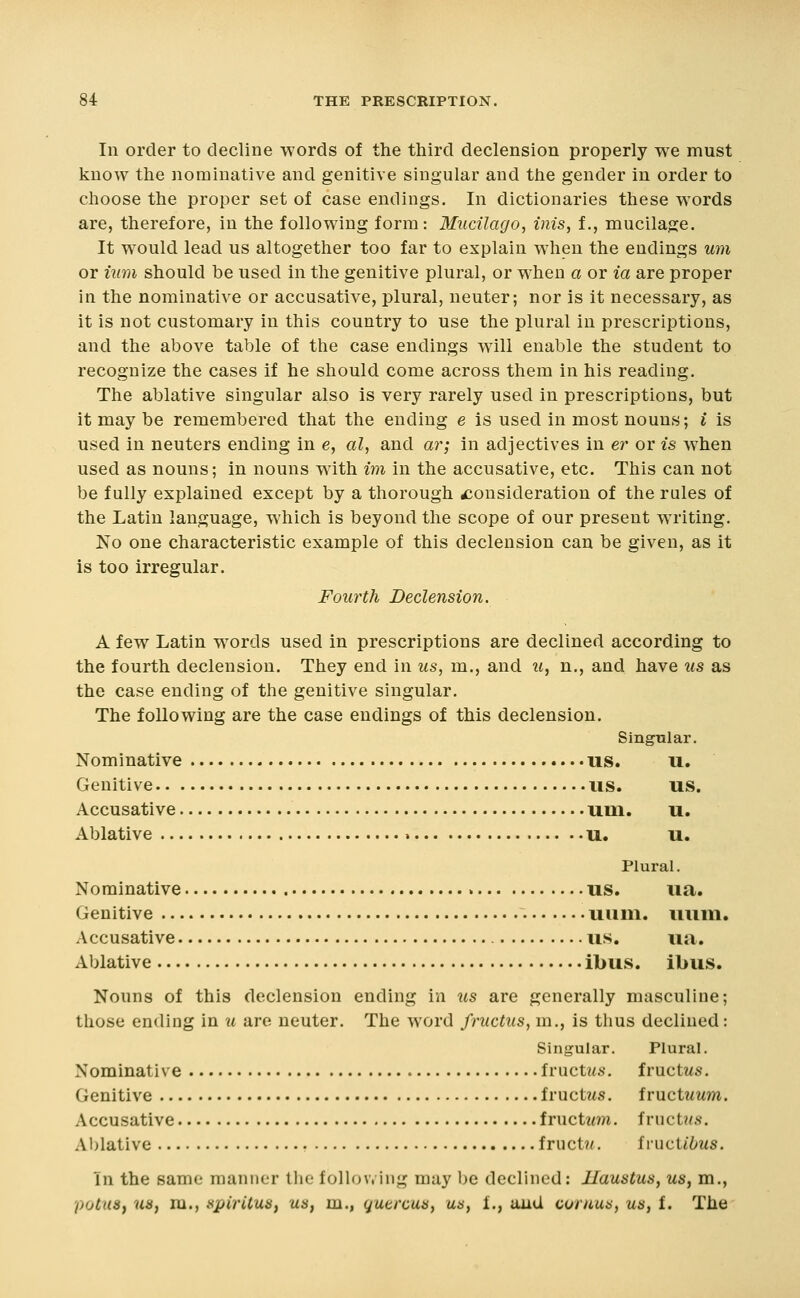 Ill order to decline words of the third declension properly we must know the nominative and genitive singular and the gender in order to choose the proper set of case endings. In dictionaries these words are, therefore, in the following form: Mucilago, inis, i., mucilage. It would lead us altogether too far to explain when the endings um or iiim should be used in the genitive plural, or when a or ia are proper in the nominative or accusative, plural, neuter; nor is it necessary, as it is not customary in this country to use the plural in prescriptions, and the above table of the case endings will enable the student to recognize the cases if he should come across them in his reading. The ablative singular also is very rarely used in prescriptions, but it may be remembered that the ending e is used in most nouns; i is used in neuters ending in e, al, and ar; in adjectives in er or is when used as nouns; in nouns with im in the accusative, etc. This can not be fully explained except by a thorough consideration of the rales of the Latin language, which is beyond the scope of our present writing. No one characteristic example of this declension can be given, as it is too irregular. Fourth Declension. A few Latin words used in prescriptions are declined according to the fourth declension. They end in us, m., and u, n., and have us as the case ending of the genitive singular. The following are the case endings of this declension. Singular. Nominative us. u. Genitive us. us. Accusative uni. u. Ablative » u. u. Plural. Nominative us. ua. Genitive uiini. uuni. Accusative us. ua. Ablative ibus. ibus. Nouns of this declension ending in us are generally masculine; those ending in u are neuter. The word fructus, m., is thus declined: Singular. Plural. Nominative fructwi.-. fructws. Genitive fruct?fs. fructwwm. Accusative fnictum. ivuctus. Ablative fruct?:. ivuciibus. In the same manner llic following may be declined: llaustus, us, m., potHS, U8, m., spirituSf us, m., qutrcas, us, i., and comas, us, i. The