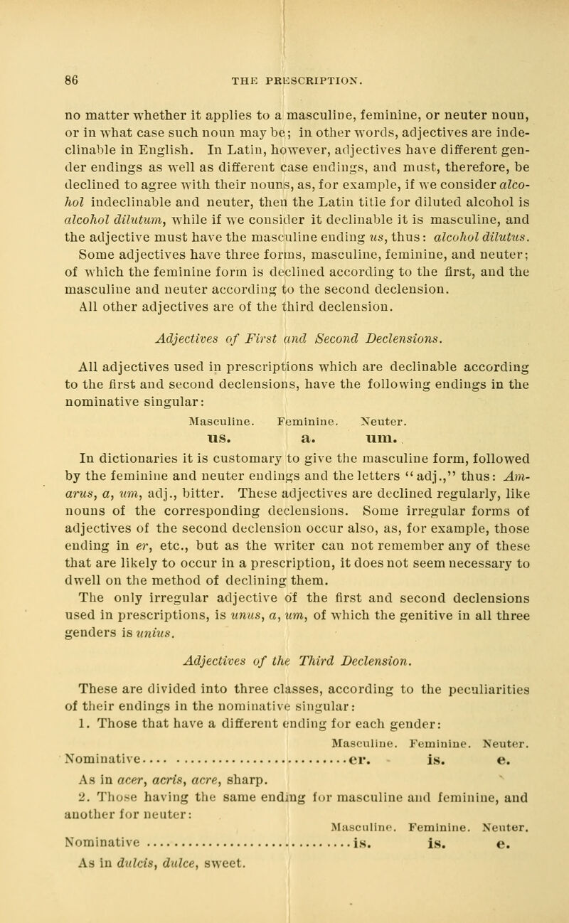 no matter whether it applies to a masculine, feminine, or neuter noun, or in what case such noun may be; in other words, adjectives are inde- clinable in English. In Latin, however, adjectives have different gen- der endings as well as different case endings, and mast, therefore, be declined to agree with their nouns, as, for example, if we consider alco- hol indeclinable and neuter, then the Latin title for diluted alcohol is alcohol dilutum, while if we consider it declinable it is masculine, and the adjective must have the masculine ending us, thus: alcohol diluius. Some adjectives have three forms, masculine, feminine, and neuter; of which the feminine form is declined according to the first, and the masculine and neuter according to the second declension. All other adjectives are of the third declension. Adjectives of First and Second Declensions. All adjectives used in prescriptions which are declinable according to the first and second declensions, have the following endings in the nominative singular: Masculine. Feminine. Neuter. US. a. urn. In dictionaries it is customary to give the masculine form, followed by the feminine and neuter endings and the letters  adj., thus: Am- arus, a, um, adj., bitter. These adjectives are declined regularly, lil^e nouns of the corresponding declensions. Some irregular forms of adjectives of the second declension occur also, as, for example, those ending in er, etc., but as the writer can not remember any of these that are likely to occur in a prescription, it does not seem necessary to dwell on the method of declining them. The only irregular adjective of the first and second declensions used in prescriptions, is unus, a, um, of which the genitive in all three genders is unius. Adjectives of the Third Declension. These are divided into three classes, according to the peculiarities of their endings in the nominative singular: 1. Those that have a different ending for each gender: Masculine. Feminine. Neuter. Nominative er. is. e. As in acer, acris, acre, sharp. 2. Those having tlie same ending for masculine and feminine, and another for neuter: Masculine. Feminine. Neuter. Nominative is. is. e. As in dulcis, dalce, sweet.