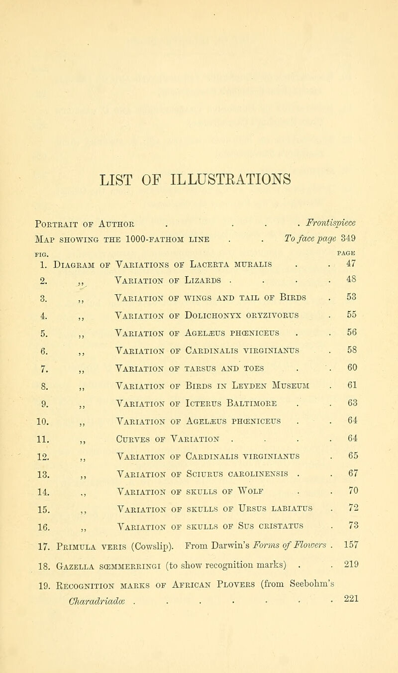 LIST OF ILLUSTKATIONS Portrait of Author . ... Frontispiece Map showing the 1000-fathom line . . To face page 349 FIG. PAGE 1. Diagram op Yariations op Lacerta mtjralis . . 47 2. ,, Variation of Lizards . . . .48 3. ,, Variation op wings and tail of Birds . 53 4. ,, Variation of Dolichonyx oryzivorus . 55 5. ,, Variation of Agel^ius phceniceus . . 56 6. ,, Variation of Cardinalis virginianus . 58 7. ,, Variation of tarsus and toes . . 60 8. ,, Variation of Birds in Leyden Museum . 61 9. ,, Variation of Icterus Baltimore . . 63 10. „ Variation of Agel^us phceniceus . . 64 11. ,, Curves of Variation . . . .64 12. ,, Variation of Cardinalis virginianus . 65 13. ,, Variation of Sciurus carolinensis . . 67 14. ,, Variation op skulls of Wolf . . 70 15. ,, Variation of skulls of Ursus labiatus . 72 16. „ Variation of skulls of Sus cristatus . 73 17. Primula veris (Cowslip). From Darwin's Forms of Mowers . 157 18. Gazella scemmerringi (to show recognition marks) . . 219 19. Recognition marks of African Plovers (from Seebohm's CJiaradriadm . ■ ■ • ■ • .221