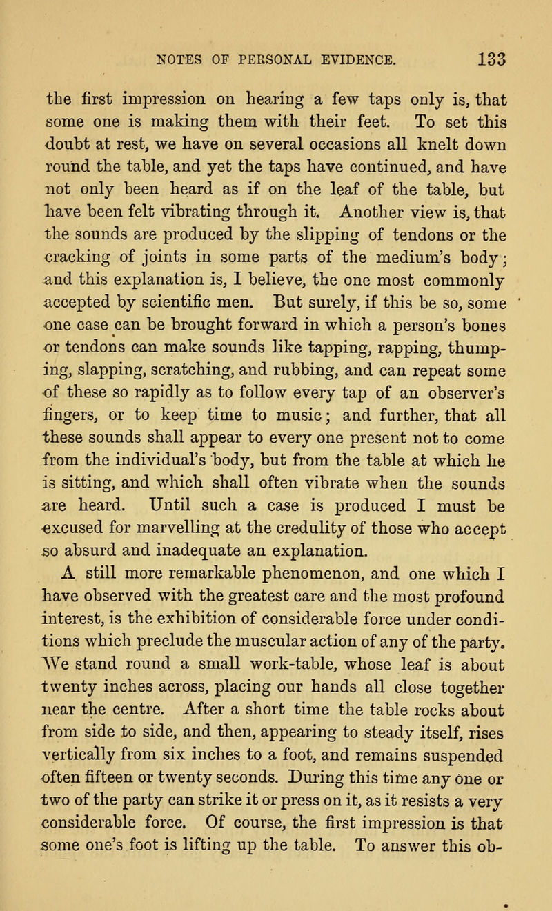 the first impression on hearing a few taps only is, that some one is making them with their feet. To set this doubt at rest, we have on several occasions all knelt down round the table, and yet the taps have continued, and have not only been heard as if on the leaf of the table, but liave been felt vibrating through it. Another view is, that the sounds are produced by the slipping of tendons or the cracking of joints in some parts of the medium's body; and this explanation is, I believe, the one most commonly accepted by scientific men. But surely, if this be so, some one case can be brought forward in which a person's bones or tendons can make sounds like tapping, rapping, thump- ing, slapping, scratching, and rubbing, and can repeat some of these so rapidly as to follow every tap of an observer's fingers, or to keep time to music; and further, that all these sounds shall appear to every one present not to come from the individual's body, but from the table at which he is sitting, and which shall often vibrate when the sounds are heard. Until such a case is produced I must be excused for marvelling at the creduHty of those who accept so absurd and inadequate an explanation. A still more remarkable phenomenon, and one which I have observed with the greatest care and the most profound interest, is the exhibition of considerable force under condi- tions which preclude the muscular action of any of the party. AVe stand round a small work-table, whose leaf is about twenty inches across, placing our hands all close together near the centre. After a short time the table rocks about from side to side, and then, appearing to steady itself, rises vertically from six inches to a foot, and remains suspended often fifteen or twenty seconds. During this time any one or two of the party can strike it or press on it, as it resists a very considerable force. Of course, the first impression is that some one's foot is lifting up the table. To answer this ob-