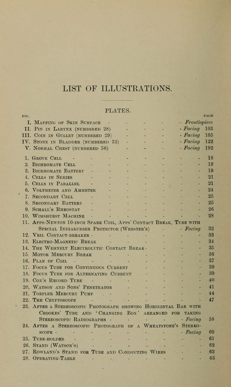 LIST OF ILLUSTRATIONS. PLATES. I. Mapping of Skin Surface II. Pin in Larynx (numbered 28) III. Coin in Gullet (numbered 29) IV. Stone in Bladder (numbered 32) V. Normal Chest (numbered 56) Frontispiece Faring 103 Facing 105 Facing 122 Facing 192 1. 2, 3. 4. 5. 6. 7. 8. 9. 10. 11. 12. 13. 14. 15. 16. 17. 18. 19. 20. 21. 22. 23. 24. 25. 26. 27. 28. Grove Cell -------- Bichromate Cell ------- Bichromate Battery ------- Cells in Series ....... Cells in Parallel -..-..- Voltmeter and Ammeter ------ Secondary Cell ..--:.. Secondary Battery ------- Schall's Rheostat ------- Wimshurst Machine ------- Apps-Newton 10-inch Spark Coil, Apps' Contact Break, Tube with Special Indiarubber Protector (Webster's) - - Facing Vril Contact-breaker ------- Electro-Magnetic Break - - - The Wehnelt Electrolytic Contact Break- Motor Mercury Break _..--- Plan of Coil -------- Eocus Tube for Continuous Current Focus Tube for Alternating Current ... - Cox's Record Tube ------- Watson and Sons' Penetrator - Toepler Mercury Pump ------ The Cryptoscope ------- After a Stereoscopic Photograph showing Horizontal Bar with Crookes' Tube and ' Changing Box ' arranged for taking Stereoscopic Radiographs - After a Stereoscopic Photograph of a Wheatstone's SCOPE ------- Tube-holder .--..- Stand (Watson's) - Rowland's Stand for Tube and Conducting Wires Operating-Table ..... - Facing Stereo- - Facing 18 19 19 21 21 24 25 25 26 28 32 33 34 35 36 37 39 39 40 41 44 47 58 60 61 62 62 63