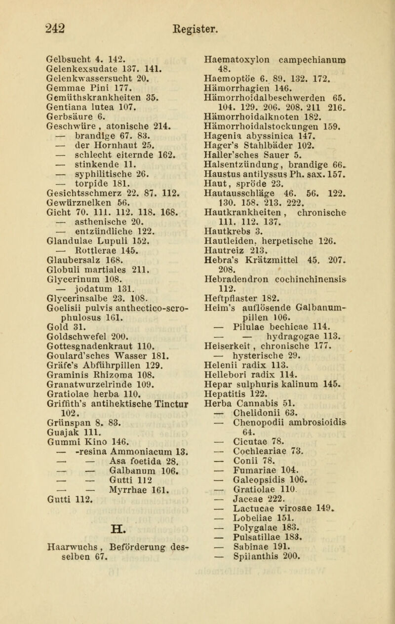 Gelbsucht 4. 142. Gelenkexsudate 137. 141. Gelenkwassersucht 20. Gemmae Pini 177. Gemüthskrankheiten 35. Gentiana lutea 107. Gerbsäure 6. Geschwüre , atonische 214. — brandige 67. 83. — der Hornhaut 25. — schlecht eiternde 162. — stinkende 11. — syphilitische 26. — torpide 181. Gesichtsschmerz 22. 87. 112. Gewürznelken 56. Gicht 70. 111. 112. 118. 168. — asthenische 20. — entzündliche 122. Glandulae Lupuli 152. — Rottlerae 145. Glaubersalz 168. Globuli martiales 211. Glycerinum 108. — jodatum 131. Glycerinsalbe 23. 108. Goelisii pulvis anthectico-scro- phulosus 161. Gold 31. Goldschwefel 200. Gottesgnadenkraut 110. Goulard'sches Wasser 181. Gräfe's Abführpillen 129. Graminis Rhizoma 108. Granatwurzelrinde 109. Gratiolae herba 110. Griffith's antihektische Tinctur 102. Grünspan 8. 83. Guajak 111. Gummi Kino 146. — -resina Ammoniacum 13. — — Asa foetida 28. — — Galbanum 106. — — Gutti 112 — — Myrrhae 161. Gutti 112. Haarwuchs, Beförderung des- selben 67. Haematoxylon campechianuia 48. Haemoptöe 6. 89. 132. 172. Hämorrhagien 146. Hämorrhoidalbeschwerden 65. 104. 129. 206. 208. 211 216. Hämorrhoidalknoten 182. Hämorrhoidalstockungen 159. Hagenia abyssinica 147, Hager's Stahlbäder 102. Haller'sches Sauer 5. Halsentzündung, brandige 66^ Haustus antilyssus Ph. sax. 157, Haut, spröde 23. Hautausschläge 46. 56. 122. 130. 158. 213. 222. Hautkrankheiten, chronische 111. 112. 137. Hautkrebs 3. Hautleiden, herpetische 126. Hautreiz 213. Hebra's Krätzmittel 45. 207. 208. Hebradendron cochinchinensis- 112. Heftpflaster 182. Heim's auflösende Galbanum- pillen 106. — Pilulae bechicae 114. —• — hydragogae 113. Heiserkeit, chronische 177. — hysterische 29. Helenii radix 113. Hellebori radix 114. Hepar sulphuris kalinum 145. Hepatitis 122. Herba Cannabis 51. — Chelidonii 63. — Chenopodii ambrosioidis- 64. — Cicutae 78. — Cochleariae 73. — Conii 78. — Fumariae 104. — Galeopsidis 106. — Gratiolae 110. — Jaceae 222. — Lactucae virosae 149. — Lobeliae 151. — Polygalae 183. — Pulsatillae 183. — Sabinae 191. — Spilanthis 200.