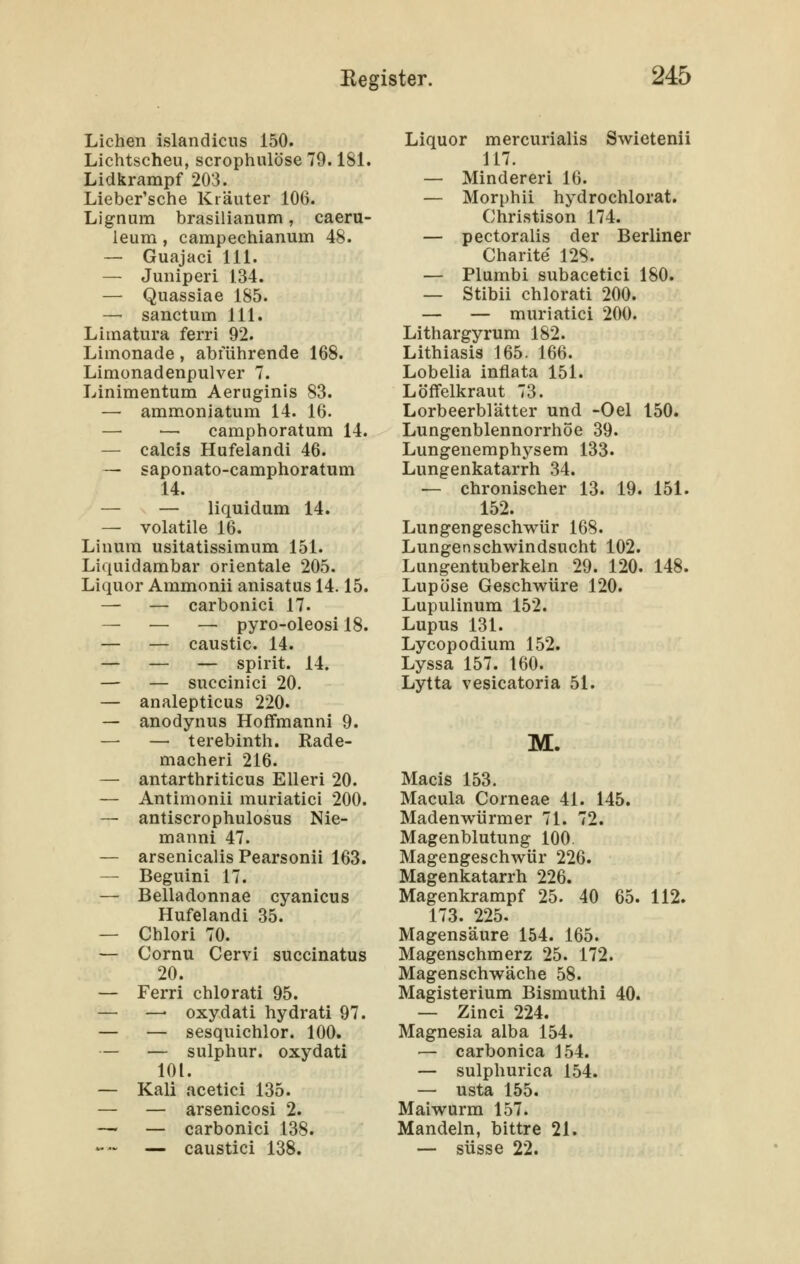 Liehen islandicus 150. Lichtscheu, scrophulöse 79.181. Lidkrampf 203. Lieber'sche Kräuter 106. Lignum brasilianum, caeru- leum, campechianum 48. — Guajaci 111. — Juniperi 134. — Quassiae 185. — sanctum 111. Limatura ferri 92. Limonade, abführende 168. Limonadenpulver 7. Linimentum Aeruginis 83. —• ammoniatum 14. 16. ■— camphoratum 14. — calcis Hufelandi 46. — saponato-camphoratum 14. — — liquidum 14. — volatile 16. Linum usitatissimum 151. Liquidambar Orientale 205. Liquor Ammonii anisatus 14.15. — — carbonici 17. — — — pyro-oleosi 18. — — caustic. 14. — — — spirit. 14. — — succinici 20. — analepticus 220. — anodynus Hoffmanni 9. — — terebinth. Rade- macheri 216. — antarthriticus Elleri 20. — Antimonii muriatici 200. — antiscrophulosus Nie- manni 47. — arsenicalis Pearsonii 163. — Beguini 17. — Belladonnae cyanicus Hufelandi 35. — Chlori 70. — Cornu Cervi succinatus 20. — Ferri chlorati 95. —• oxydati hydrati 97. — — sesquichlor. 100. — — sulphur. oxydati lOL — Kali acetici 135. — — arsenicosi 2. — — carbonici 138. — caustici 138. Liquor mercurialis Swietenii 117. — Minderer! 16. — Morphii hydrochlorat. Christison 174. — pectoralis der Berliner Charite 12S. — Plumbi subacetici 180. — Stibii chlorati 200. — — muriatici 200. Lithargyrum 182. Lithiasis 165. 166. Lobelia inflata 151. Löffelkraut 73. Lorbeerblätter und -Oel 150. Lungenblennorrhöe 39. Lungenemphysem 133. Lungenkatarrh 34. — chronischer 13. 19. 151. 152. Lungengeschwür 168. Lungenschwindsucht 102. Lungentuberkeln 29. 120. 148. Lupöse Geschwüre 120. Lupulinum 152. Lupus 131. Lycopodium 152. Lyssa 157. 160. Lytta vesicatoria 51. M. Macis 153. Macula Corneae 41. 145. Madenwürmer 71. 72. Magenblutung 100. Magengeschwür 226. Magenkatarrh 226. Magenkrampf 25. 40 65. 112. 173. 225. Magensäure 154. 165. Magenschmerz 25. 172. Magenschwäche 58. Magisterium Bismuthi 40. — Zinci 224. Magnesia alba 154. — carbonica 154. — sulphurica 154. — usta 155. Maiwurm 157. Mandeln, bittre 21. — süsse 22.