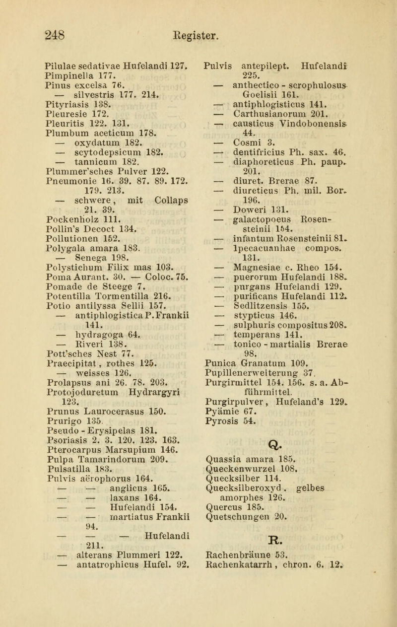 Pilulae sedativae Hufelandi 127. Pimpinella 177. Pinus excelsa 76. — silvestris 177. 214. Pityriasis 138. Pleuresie 172. Pleuritis 122. 131. Plumbum aceticum 178. — oxydatum 182. — scytodepsicum 182. — tannicum 182. Plummer'sches Pulver 122. Pneumonie 16. 39. 87. 89. 172. 179. 213. — schwere, mit Collaps 21. 39. Pockenliolz 111. Pollin's Decoct 134. Pollutionen 152. Polygala amara 183. — Senega 198. Polysticiium Filix mas 103. PomaAurant. 30. — Coloc. 75. Pomade de Steege 7. Potentilla Tormentilla 216. Potio antilyssa Sellii 157. — antiphlogisticaP.Frankii 141. — hydragoga 64. — Kiveri 138. Pott'sches Nest 77. Praecipitat, rothes 125. — weisses 126. Prolapsus ani 26. 78. 203. Protojoduretum Hydrargyri 123. Prunus Laurocerasus 150. Prurigo 135. Pseudo - Erysipelas 181. Psoriasis 2. 3. 120. 123. 163. Pterocarpus Marsupium 146. Pulpa Tamarindorura 209. Pulsatilla 183. Pulvis aerophorus 164. — — anglicus 165. — — laxans 164. — — Hufelandi 154. — — martiatus Frankii 94. — — — Hufelandi 211. — alterans Plummeri 122. — antatrophicus Hufel. 92. Pulvis antepilept. Hufelandi 225. — anthectico - scrophulosus Goelisii 161. — antiphlogisticus 141. — Carthusianorum 201. — caustieus Vindobonensis- 44. — Cosmi 3. — dentifricius Ph. sax. 4&. — diaphoreticus Ph. paup» 201. — diuret. Brerae 87. — diureticus Ph. mil. Bor^ 196. — Doweri 131. — galactopoeus Rosen- steinii IH. — infantum Rosensteinii 81. — Ipecacuanhae compos. 131. — Magnesiae c. Rheo 154. — puerorum Hufelandi 188^ — pnrgans Hufelandi 129. —■ purificans Hufelandi 112. — Sedlitzensis 155. — stypticus 146. — sulphuris compositus208. — temperans 141. — tonico - martialis Brerae 98. Punica Granatura 109. Pupillenerweiterung 37. Purgirmittel 154. 156. s. a. Ab- führmittel. Purgirpulver, Hufeland's 129. Pyämie 67. Pyrosis 54. Q. Quassia amara 185. Queckenwurzel 108. Quecksilber 114. Quecksilberoxyd . gelbes amorphes 126. Quercus 185. Quetschungen 20. R. Rachenbräune 53. Rachenkatarrh, chron. 6. 12.