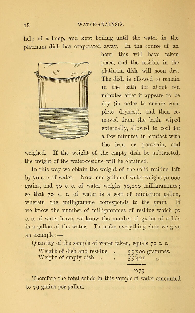 help of a lamp, and kept boiling until the water in the platinum dish has evaporated away. In the course of an hour this will have taken place, and the residue in the platinum dish will soon dry. The dish is allowed to remain in the hath for about ten minutes after it appears to be dry (in order to ensure com- plete dryness), and then re- moved from the bath, wiped externally, allowed to cool for a few minutes in contact with the iron or porcelain, and weighed. If the weight of the empty dish be subtracted, the weight of the water-residue will be obtained. In this way we obtain the weight of the solid residue left by 70 c. c. of water. Now, one gallon of water weighs 70,000 grains, and 70 c. c. of water weighs 70,000 milligrammes; so that 70 c. c. of water is a sort of miniature gallon, wherein the milligramme corresponds to the grain. If we know the number of milligrammes of residue which 70 c. c. of water leave, we know the number of grains of solids in a gallon of the water. To make everything clear we give an example:— Quantity of the sample of water taken, equals 70 c. c. Weight of dish and residue . 555°° grammes. Weight of empty dish . . 55-421 „ •079 Therefore the total solids in this sample of water amounted to 79 grains per gallon.