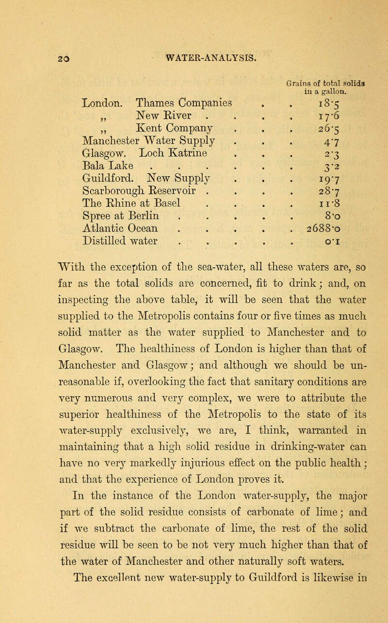 G rains of total solids in a gallon. London. Thames Companies . . 18*5 „ New Eiver . 17-6 „ Kent Company 26-5 Manchester Water Supply 47 Glasgow. Loch Katrine 2-3 Bala Lake 3-2 Guildford. New Supply 197 Scarborough Eeservoir . 287 The Ehine at Basel n-8 Spree at Berlin 8-o Atlantic Ocean 2688-0 Distilled water O'l With the exception of the sea-water, all these waters are, so far as the total solids are concerned, fit to drink; and, on inspecting the above table, it will be seen that the water supplied to the Metropolis contains four or five times as much solid matter as the water supplied to Manchester and to Glasgow. The healthiness of London is higher than that of Manchester and Glasgow; and although we should be un- reasonable if, overlooking the fact that sanitary conditions are very numerous and very complex, we were to attribute the superior healthiness of the Metropolis to the state of its water-supply exclusively, we are, I think, warranted in maintaining that a high solid residue in drinking-water can have no very markedly injurious effect on the public health; and that the experience of London proves it. In the instance of the London water-supply, the major part of the solid residue consists of carbonate of lime; and if we subtract the carbonate of lime, the rest of the solid residue will be seen to be not very much higher than that of the water of Manchester and other naturally soft waters. The excellent new water-supply to Guildford is likewise in