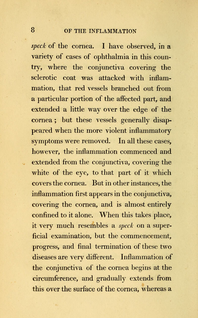 speck of the cornea. I have observed, in a variety of cases of ophthalmia in this coun- try, where the conjunctiva covering the sclerotic coat was attacked with inflam- mation, that red vessels branched out from a particular portion of the affected part, and extended a little way over the edge of the cornea; but these vessels generally disap- peared when the more violent inflammatory symptoms were removed. In all these cases, however, the inflammation commenced and extended from the conjunctiva, covering the white of the eye, to that part of it which covers the cornea. But in other instances, the inflammation first appears in the conjunctiva, covering the cornea, and is almost entirely confined to it alone. When this takes place, it very much resembles a speck on a super- ficial examination, but the commencement, progress, and final termination of these two diseases are very different. Inflammation of the conjunctiva of the cornea begins at the circumference, and gradually extends from this over the surface of the cornea, whereas a