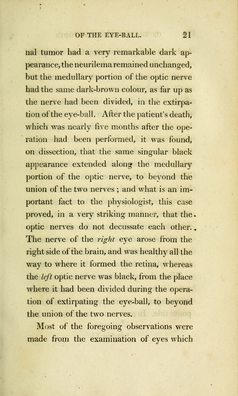 nal tumor had a very remarkable dark ap- pearance, the neurilema remained unchanged, but the medullary portion of the optic nerve had the same dark-brown colour, as far up as the nerve had been divided, in the extirpa- tion of the eye-ball. After the patient's death, which was nearly five months after the ope- ration had been performed, it was found, on dissection, that the same singular black appearance extended along the medullary portion of the optic nerve, to beyond the union of the two nerves ; and what is an im- portant fact to the physiologist, this case proved, in a very striking manner, that the • optic nerves do not decussate each other., The nerve of the right eye arose from the right side of the brain, and was healthy all the way to where it formed the retina, whereas the left optic nerve was black, from the place where it had been divided during the opera- tion of extirpating the eye-ball, to beyond the union of the two nerves. Most of the foregoing observations were made from the examination of eyes which