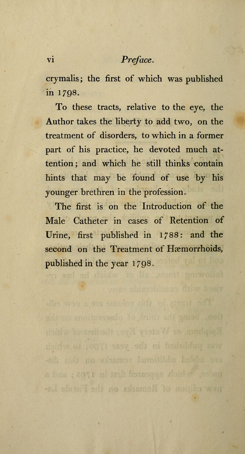 crymalis; the first of which was published in 1798. To these tracts, relative to the eye, the Author takes the liberty to add two, on the treatment of disorders, to which in a former part of his practice, he devoted much at- tention; and which he still thinks contain hints that may be found of use by his younger brethren in the profession. The first is on the Introduction of the Male Catheter in cases of Retention of Urine, first published in 1788: and the second on the Treatment of Haemorrhoids, published in the year 1798.