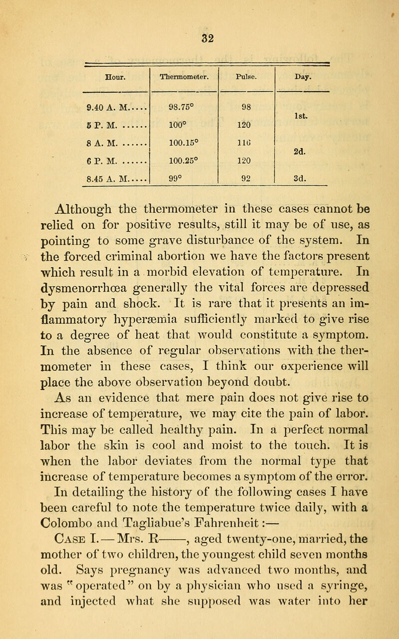 Hour. Thermometer. Pulse. Day. 9.40 A.M..... 6 P. M 8 A. M 6 P. M 8.45 A. M 98.75° 100° 100.15° 100.25° 99° 98 120 IIG 120 92 1st. 2d. 3d. Although the thermometer in these cases cannot be relied on for positive results, still it may be of use, as pointing to some grave disturbance of the system. In the forced criminal abortion we have the factors present which result in a morbid elevation of temperature. In dysmenorrhoea generally the vital forces are depressed by pain and shock. It is rare that it presents an im- flammatory hypersemia sufficiently marked to give rise to a degree of heat that would constitute a symptom. In the absence of regular observations v/ith the ther- mometer in these cases, I think our experience will place the above observation beyond doubt. As an evidence that mere pain does not give rise to increase of temperature, we may cite the pain of labor. This may be called healthy pain. In a perfect normal labor the skin is cool and moist to the touch. It is when the labor deviates from the normal type that increase of temperature becomes a symptom of the error. In detailing the history of the following cases I have been careful to note the temperature twice daily, with a Colombo and Tagliabue's Fahrenheit:— Case I. — Mrs. E, , aged twenty-one, married, the mother of two children, the youngest child seven months old. Says pregnancy was advanced two months, and was operated on by a physician who used a syringe, and injected what she supposed was water into her
