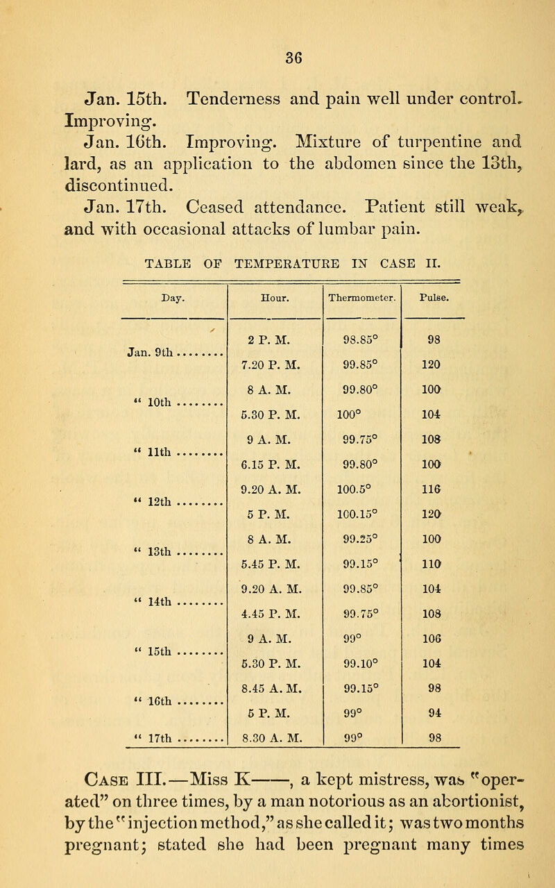 Jan. 15th. Tenderness and pain well under controL Improving. Jan. 16th. Improving. Mixture of turpentine and lard, as an application to the abdomen since the 13th, discontinued. Jan. 17th. Ceased attendance. Patient still weak,, and with occasional attacks of lumbar pain. TABLE OF TEMPEEATUEE IN CASE II. Day. Hour. Thermometer. Pulse. Jan. 9th 2 P. M. 7.20 P. M. 98.85° 99.85° 98 120  10th 8 A.M. 5.30 P. M. 99.80° 100° 100 104  11th 9 A. M. 6.15 P. M. 99.75° 99.80° 108 loa  12th 9.20 A. M. 5 P.M. 100.5° 100.15° 116 120  13th 8 A.M. 5.45 P. M. 99.25° 99.15° 100 110  14th 9.20 A, M. 4.45 P. M. 99.85° 99.75° 104 108  15th 9 A.M. 6.30 P. M. 99° 99.10° 106 104  16th 8.45 A. M. 6 P.M. 99.15° 99° 98 94  17th 8.30 A. M. 99° 98 Case III.—Miss K , a kept mistress, was oper- ated on three times, by a man notorious as an abortionist, by the  injection method, as she called it; was two months pregnant; stated she had been i3regnant many times