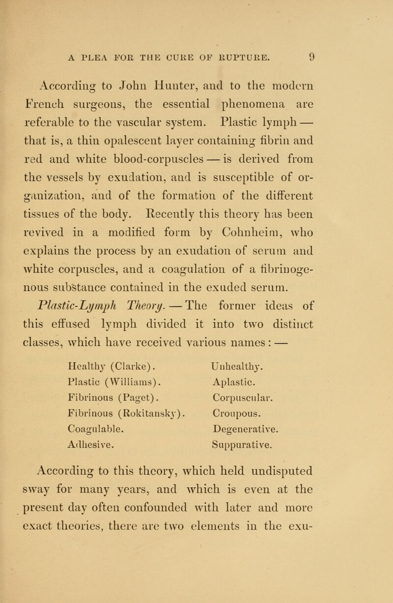 According to John Hunter, and to the modern French surgeons, the essential phenomena are referable to the vascular system. Plastic lymph — that is, a thin opalescent layer containing fibrin and red and white blood-corpuscles — is derived from the vessels by exudation, and is susceptible of or- ganization, and of the formation of the different tissues of the body. Recently this theory has been revived in a modified form by Cohnheira, who explains the process by an exudation of serum and white corpuscles, and a coagulation of a fibrinoge- nous substance contained in the exuded serum. Plastic-Lymph Theory. — The former ideas of this effused lymph divided it into two distinct classes, which have received various names : — Hcalthj^ (Clarke). Unhealthy. Plastic (Williams). Aplastic. Fibrinous (Paget). Corpuscular. Fibrinous (Rokitansky). Croupous. Coagulable. Degenerative. Adhesive. Suppurative. According to this theory, which held undisputed sway for many years, and which is even at the present day often confounded with later and more exact theories, there are two elements in the exu-