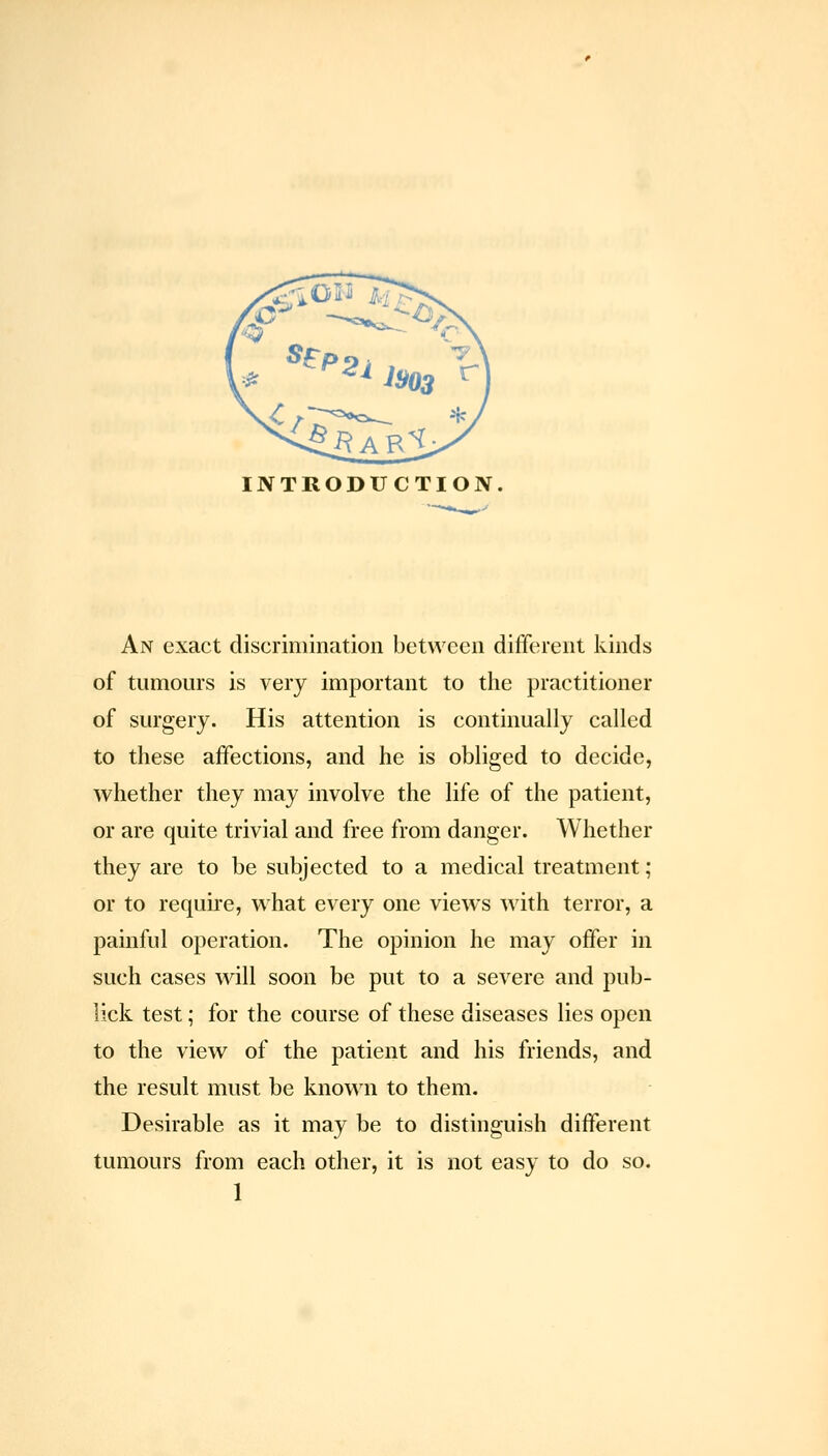INTRODUCTION An exact discrimination between different kinds of tumours is very important to the practitioner of surgery. His attention is continually called to these affections, and he is obliged to decide, whether they may involve the life of the patient, or are quite trivial and free from danger. Whether they are to be subjected to a medical treatment; or to require, what every one views with terror, a painful operation. The opinion he may offer in such cases will soon be put to a severe and pub- lick test; for the course of these diseases lies open to the view of the patient and his friends, and the result must be known to them. Desirable as it may be to distinguish different tumours from each other, it is not easy to do so.