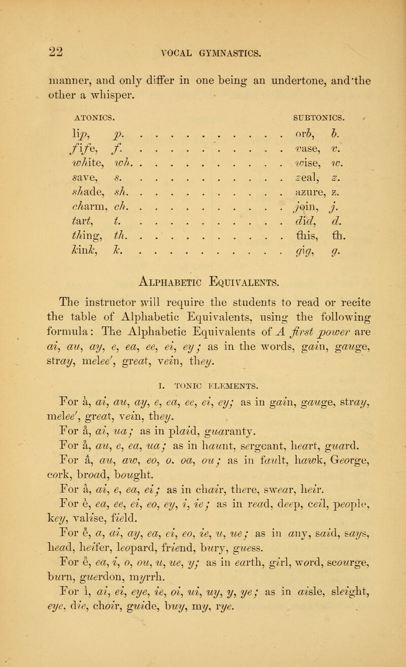 manner, and only differ in one being an undertone, and'the other a whisper. ATONICS. SUBTONICS. lip, p orb, b. f\fe, f ' *>ase, v. white, wh vjise, w. save, s seal, z. shade, sh azure, z. cAarm, ck join, j- tart, t did, d. tlimg, th Oris, th. Tank, Jc g\g, g. Alphabetic Equivalents. The instructor will require the students to read or recite the table of Alphabetic Equivalents, using the following formula: The Alphabetic Equivalents of A first poiver are ai, au, ay, e, ea, ee, ei, ey/ as in the words, gain, gauge, stray, meiee', great, vein, they. I. TONIC ELEMENTS. For a, ai, au, ay, e, ea, ee, ei, ey; as in gain, gauge, stray, n\e\ee', great, vein, they. Eor a, ai, ua; as in pl<ml, guaranty. For a, au, e, ea, uaf as in haunt, sergeant, heart, g^ard. Eor a, au, aw, eo, o* oa, ouj as in fault, havjk, George, cork, hroad, hought. For a, ai, e, ea, ei / as in chair, th<?re, swear, heir. For e, ea, ee, ei, eo, ey, i, ie; as in read, d<?6p, ceil, people, key, valise, field. For e, a, ai, ay, ea, ei, eo, ie, u, ue; as in anj, said, says, head, heifer, l<?c>pard, fr^nd, bury, guess. For e, ea, i, o, ou, u, ue, y; as in earth, girl, word, scourge, bwrn, guerdon, myrrh. For i, ai, ei, eye, ie, oi, id, uy, y, ye; as in aisle, slight, eye, die, choir, guide, buy, my, rye.