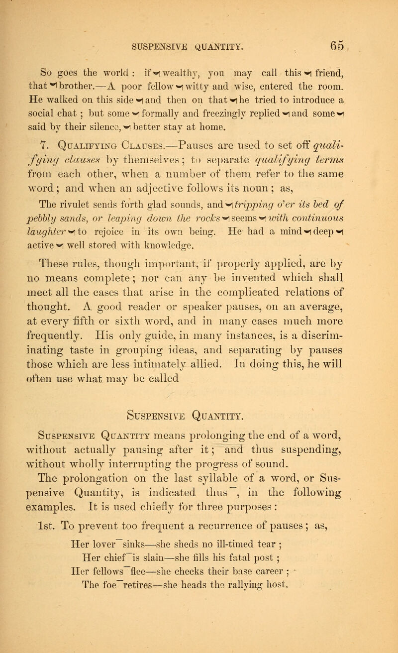 So goes the world: if **i wealthy, you may call this ^ friend, that **i brother.—A poor fellow m witty and wise, entered the room. He walked on this side **i and then on that ^1 he tried to introduce a social chat ; but some m formally and freezingly replied *i and some^i said by their silence, *< better stay at home. 7. Qualifying Clauses.—Pauses are used to set off quali- fying clauses by themselves; to separate qualifying terms from each other, when a number of them refer to the same word ; and when an adjective follows its noun ; as, The rivulet sends forth glad sounds, smd^ tripping o'er its bed of pebbly sands, or leaping down the rocks ^ seems**! with continuous laughters to rejoice in its own being. He had a mind **i deep ^i active H well stored with knowledge. These rules, though important, if properly applied, are by no means complete; nor can any be invented which shall meet all the cases that arise in the complicated relations of thought. A good reader or speaker pauses, on an average, at every fifth or sixtli word, and in many cases much more frequently. ITis only guide, in many instances, is a discrim- inating taste in grouping ideas, and separating by pauses those which are less intimately allied. In doing this, he will often use wThat may be called Suspensive Quantity. Suspensive Quantity means prolonging the end of a word, without actually pausing after it; and thus suspending, without wholly interrupting the progress of sound. The prolongation on the last syllable of a wrord, or Sus- pensive Quantity, is indicated thus , in the following examples. It is used chiefly for three purposes : 1st. To prevent too frequent a recurrence of pauses; as, Her lover sinks—she sheds no ill-timed tear ; Her chief is slain—she fills his fatal post ; Her fellows~~flee—she checks their base career ; - The foe-retires—she heads the rallying host.
