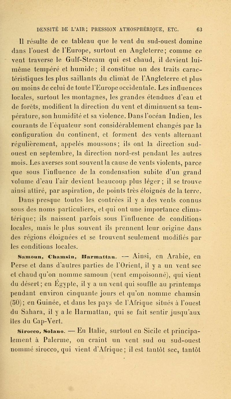 Il résulte de ce tableau que le vent du sud-ouest domine dans l'ouest de l'Europe, surtout en Angleterre; comme ce vent traverse le Gulf-Stream qui est chaud, il devient lui- même tempéré et humide ; il constitue un des traits carac- téristiques les plus saillants du climat de l'Angleterre et plus ou moins de celui de toute l'Europe occidentale. Les influences locales, surtout les montagnes, les grandes étendues d'eau et de forêts, modifient hi direction du vent et diminuent sa tem- pérature, son humidité et sa violence. Dans l'océan Indien, les courants de l'équateur sont considérablement changés par la configuration du continent, et forment des vents alternant régulièrement, appelés moussons; ils ont la direction sud- ouest en septembre, la direction nord-est pendant les autres mois. Les averses sont souvent la cause de vents violents, parce que sous l'influence de la condensation subite d'un grand volume d'eau l'air devient beaucoup plus léger; il se trouve ainsi attiré, par aspiration, de points très éloignés de la terre. Dans presque toutes les contrées il y a des vents connus sous des noms particuliers, et qui ont une importance clima- térique; ils naissent parfois sous l'influence de conditions locales, mais le plus souvent ils prennent leur origine dans des régions éloignées et se trouvent seulement modifiés par les conditions locales. Samoun, Chamsin^ IBarmattau. — Ainsi, en Arabie, en Perse et dans d'autres parties de l'Orient, it y a un vent sec et chaud qu'on nomme samoun (vent empoisonné), qui vient du désert; en Egypte, il y a un vent qui souffle au printemps pendant environ cinquante jours et qu'on nomme chamsin (SO); en Guinée, et dans les pays de l'Afrique situés à l'ouest du Sahara, il y a le Harmattan, qui se fait sentir jusqu'aux îles du Cap-Yert. Sirocco^ Soiano. — En Italie, surtout en Sicile et principa- lement à Palerme, on craint un vent sud ou sud-ouest nommé sirocco, qui vient d'Afrique; il est tantôt sec, tantôt