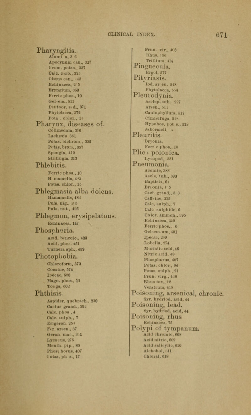 Pharyngitis. Alumi a, 3 0 Apocynuni ran., 327 lroui. potas., 337 Calc. c.rb., 323 t i>tu< can., 43 Echinacea Eryngium, 350 Ftrrh phos,, 10 Gel em.. 521 P.i.tlior. sd., 371 Phytolacca, Pota . chlor., 1 > Pharvnx, diseases of. Oollineonia, Lachesis 361 Potas. blcbrom , 335 Potas. broaj., 337 Spougia, 412 Stillingia, 313 Phlebitis. Ferric phos., 10 H inamelis, 4-3 Potas. chlor., 15 Phlegmasia alba doleus. Hamamelis,48i Puis, nig., i!5 PuIh. nut , 495 Phlegmon, erysipelatous. Echinacea, 147 Phos^lmria. Acid. b. nzoic, 423 Aci I. pbo*. 451 Turnera apb., 459 Photophobia. Chloroform, 572 Cocbiue, 574 I pec a •i. pbos., 12 i, 602 Phtln Aspider. quebrach., 230 Cactus grand., 89d Cab-, phoi , 4 -ulhh., 7 areen.,87 ma ., 8 l li pip., 80 borna, 407 1 otaa. pb l., 17 Prun vir., 44 8 RhUB, Trillium, 114 Pinguecula. Ergot,577 Pityriasis loil. ar en. 548 Phytolaa Pleurodynia. Asclep. tub. 257 Arsen., .>i: Oaulopbyllum, :>17 Cimiclfnga, 51H Hypohoa. i ot s., 523 Jahorandi, -» Pleuritis. Bryonia, 1 iir C | hoa., 10 Plic i polonica. Lycopod,, ->.ii Pneumonia. Acouii' Ascle. tub., 390 Baptisia, 6i Brjouii, I: 5 Cact. grand., 3 3 Cafft-ine, •_<:;:> Calc. sulph., 7 Calc sulphide, G Chlor. amnion., 395 Echinacea, Ferric phos,, 0 Gelseni.uin, 401 Ipecai Lobelia, 274 Muriatic acid, 46 Nitric acid, 48 Phosphorus, 407 Potas. ohloi , 84 Puta.s. sulph., Jl Prun. \ ir^ Rhus tox., ^8 \■ ratrum, 415 Poisoning, arsenical, chrome. bydrlod. acid, u Poisoning, Lead. Syr. bydrlod. acid, 44 Poisoning, rlllis . 75 Polypi of t \ mpanum, Achl hill i Alchobol, I n