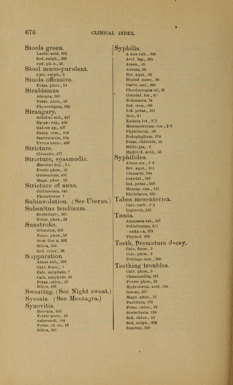 Stools green. Lactic acid, 362 Sod. nulph., 383 s>od. phis., 25 Stool muco-purulent. Calc. sulph., 6 Stools offensive. Potas. phos., ly Strabismus Atropia, 569 Potas. phos., 19 Physostigma, 593 Strangury. Achillea mil., 417 Epigei rep., 433 Galiun ap„ 437 Junip. com., 4t5 Santonimim, 454 Urticauren-*, 459 Stricture. Clematis, 477 Stricture, spasmodic. iEsculus hip., 22i Ferric phos,, 10 Gelsemium, 431 Magn. phos , 18 Stricture of anus. Colliusonia, 345 Phosphorus ? Subinvolution. (See Uterus.) Subsultus tendinum. Scutellaria, 201 Potas. phos., 19 Sunstroke. Glonoine, 165 Potas. phos., 19 Scut liar a, 202 Silica, 203 Sod. chlor., 23 Suppuration. Alnus rub., 299 Calc. fluor., <i Calc. sulphate, 7 Calc. sulphide, 65 Potas. chlor., 15 Silica, 456 Sweating. (See Night sweat.) Sycosis. (See Mentagra.) Synovitis. Bryonia. 103 Fi-rric plios., 10 daborandi, 104 Potas. ch or.. 16 Silica, 106 Syphilis. A nus rub., 300 Arct. lap., 301 Arsen., 38 Aurum, 59 Ber. aqui., 62 Biniod mere,. 38 Carbo. ani., 308 Chaulmoogra oil, 31 Corydal. for., 6< Echinacea, 74 Iod. iron,b09 Iod. fctotas., 311 Irou,3-i Kalmialat , 272 Menispermum can , 2? Phytolacca, -28 Podophyllum, 374 Potas. chloride, 16 Stillingia, 9 Hydriod. acid., 41 Syphilides. Alnus ser., 5 8 Ber. aqui., 5U Clematis, 544 Corydal., 545 Iod. potas., 549 Menisp. can., 311 Phytolacca, 553 Tabes mesenterica. Calc. carb., 3 ;4 Ingluvin,355 Taenia. Anauassa sat., 327 Pelletierine, 3?1 • unkama, 379 Thymol 385 Teeth, Premature cl^cay*. Calc. fluor., 3 Calc. phos.. 5 Ustilago mai , 560 Teething troubles. Calc. phos., 5 Chamomilla, 137 Ferric phos., 10 Hydrobrom. acid, 134 Ipecac, 357 Magn. phos., 13 Paullinia, 370 Potas. chlor,, 16 Scutellaria, 198 Sod. chlor., 23 Sod, sulph., 383 Sumbul, 210