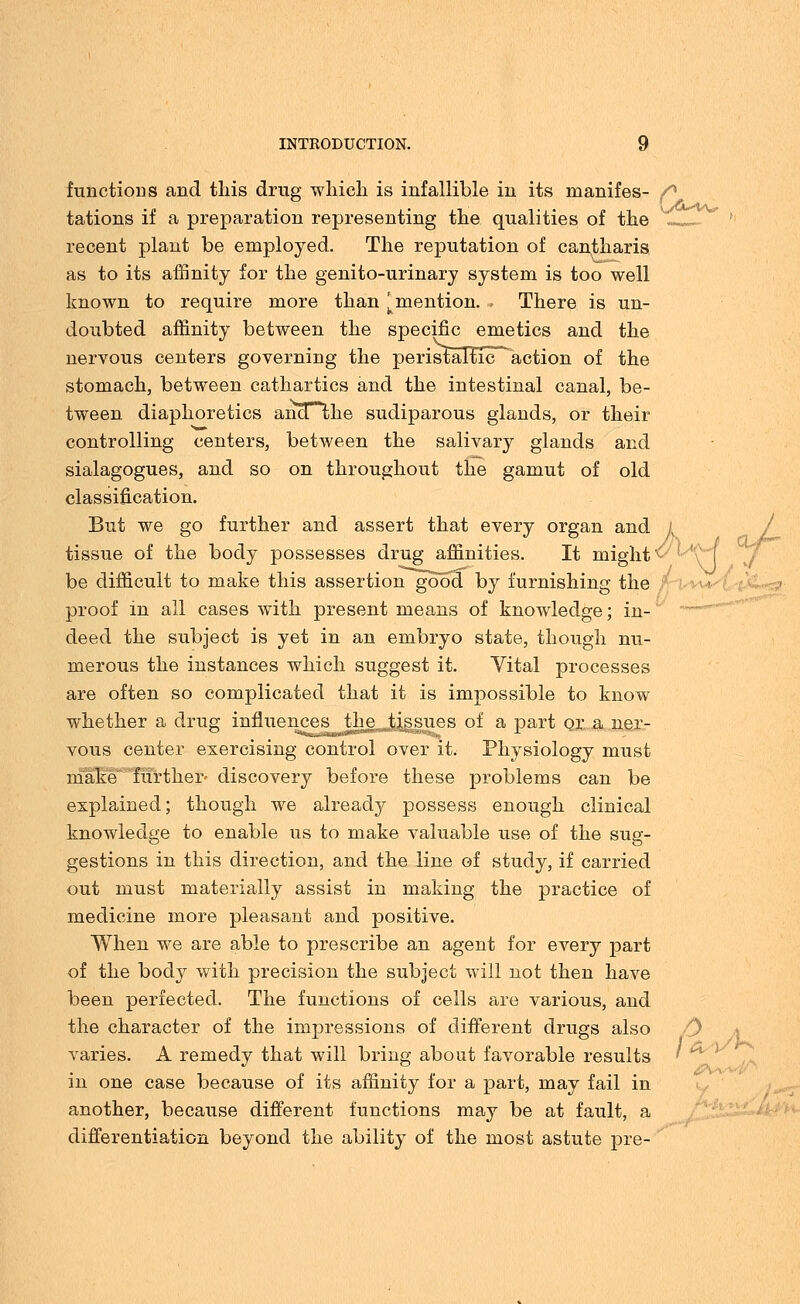 functions and this drug which is infallible in its manifes- tations if a preparation representing the qualities of the recent plant be employed. The reputation of cantharis as to its affinity for the genito-urinary system is too well known to require more than ^mention. . There is un- doubted affinity between the specific emetics and the nervous centers governing the perislaTTic^action of the stomach, between cathartics and the intestinal canal, be- tween diaphoretics ancTthe sudiparous glands, or their controlling centers, between the salivary glands and sialagogues, and so on throughout the gamut of old classification. But we go further and assert that every organ and tissue of the body possesses drug affinities. It might be difficult to make this assertion good by furnishing the proof in all cases with present means of knowledge; in- deed the subject is yet in an embryo state, though nu- merous the instances which suggest it. Vital processes are often so complicated that it is impossible to know whether a drug influences the tissues of a part or a ner- vous center exercising control over it. Physiology must make further- discovery before these problems can be explained; though we already possess enough clinical knowledge to enable us to make valuable use of the sug- gestions in this direction, and the line of study, if carried out must materially assist in making the practice of medicine more pleasant and positive. When we are able to prescribe an agent for every part of the body with precision the subject will not then have been perfected. The functions of cells are various, and the character of the impressions of different drugs also varies. A remedy that will bring about favorable results in one case because of its affinity for a part, may fail in another, because different functions may be at fault, a differentiation beyond the ability of the most astute pre- 0<5u<'fV (a