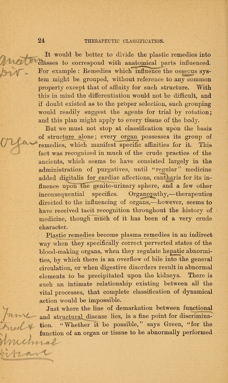 H^ln^C^*- It would be better to divide the plastic remedies into classes to correspond with anatomical parts influenced. For example : Bemedies which influence the osseous sys- tem might be grouped, without reference to any common property except that of affinity for such structure. With this in mind the differentiation would not be difficult, and if doubt existed as to the prbper selection, such grouping would readily suggest the agents for trial by rotation; and this plan might apply to every tissue of the body. But we must not stop at classification upon the basis of structure akme; every organ possesses its group of remedies, which manifest specific affinities for it. This fact was recognized in much of the crude practice of the ancients, which seems to have consisted largely in the administration of purgatives, until regular medicine added digitalis for cardiac affections, cantharis for its in- fluence upon the genito-urinary sphere, and a few other inconsequential specifics. Organography,—therapeutics directed to the influencing of organs,—however, seems to have received tacit recognition throughout the history of medicine, though much of it has been of a very crude character. Plastic remedies become plasma remedies in an indirect way when they specifically correct perverted states of the blood-making organs, when they regulate hepatic abnormi- ties, by which there is an overflow of bile into the general circulation, or when digestive disorders result in abnormal elements to be precipitated upon the kidneys. There is such an intimate relationship existing between all the vital processes, that complete classification of dynamical action would be impossible. Just where the line of demarkation between functional and structural disease lies, is a fine point for discrimina- tion. Whether it be possible, says Green, for the function of an organ or tissue to be abnormally performed l,[i r : I , : ,> ■