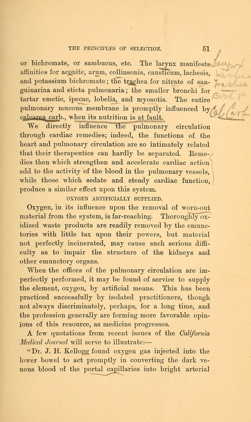 or bichromate, or sanibucus, etc. The larynx manifests^-M^-s affinities for aconite, arum, collinsonia, causticum, lachesis, and potassium bichromate; the ti^chea for nitrate of san- \ guinarina and sticta pulmonaria; the smaller bronchi for tartar emetic, ipecac, lobelia, and myosotis. The entire pulmonary mucous membrane is promptly influenced by A,/ calcarea carb., when its nutrition is at fault. We directly influence the pulmonary circulation through cardiac remedies; indeed, the functions of the heart and pulmonary circulation are so intimately related that their therapeutics can hardly be separated. Heme-/ dies then which strengthen and accelerate cardiac action add to the activity of the blood in the pulmonary vessels, while those which sedate and steady cardiac function, produce a similar effect upon this system. OXYGEN ARTIFICIALLY SUPPLIED. Oxygen, in its influence upon the removal of worn-out material from the system, is far-reaching. Thoroughly ox- idized waste products are readily removed by the emunc- tories with little tax upon their powers, but material not perfectly incinerated, may cause such serious diffi- culty as to impair the structure of the kidneys and other emunctory organs. When the offices of the pulmonary circulation are im- perfectly performed, it may be found of service to supply the element, oxygen, by artificial means. This has been practiced successfully by isolated practitioners, though not always discriminately, perhaps, for a long time, and the profession generally are forming more favorable opin- ions of this resource, as medicine progresses. A few quotations from recent issues of the California Medical Journal will serve to illustrate:— Dr. J. H. Kellogg found oxygen gas injected into the lower bowel to act promptly in converting the dark ve- nous blood of the portal capillaries into bright arterial