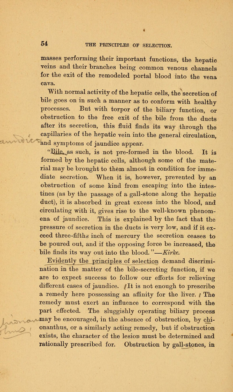 masses performing their important functions, the hepatic veins and their branches being common venous channels for the exit of the remodeled portal blood into the vena cava. With normal activity of the hepatic cells, thesecretion of bile goes on in such a manner as to conform with healthy processes. But with torpor of the biliary function, or obstruction to the free exit of the bile from the ducts after its secretion, this fluid finds its way through the « capillaries of the hepatic vein into the general circulation, ^and symptoms of jaundice appear. Bilfi*Ja'S such, is not pre-formed in the blood. It is formed by the hepatic cells, although some of the mate- rial may be brought to them almost in condition for imme- diate secretion. When it is, however, prevented by an obstruction of some kind from escaping into the intes- tines (as by the passage of a gall-stone along the hepatic duct), it is absorbed in great excess into the blood, and circulating with it, gives rise to the well-known phenom- ena of jaundice. This is explained by the fact that the pressure of secretion in the ducts is very low, and if it ex- ceed three-fifths inch of mercury the secretion ceases to be poured out, and if the opposing force be increased, the bile finds its way out into the blood.—Kirke. Evidently the principles of selection demand discrimi- nation in the matter of the bile-secreting function, if we are to expect success to follow our efforts for relieving different cases of jaundice. (IX is not enough to prescribe a remedy here possessing an affinity for the liver. / The remedy must exert an influence to correspond with the part effected. The sluggishly operating biliary process may be encouraged, in the absence of obstruction, by chi- onanthus, or a similarly acting remedy, but if obstruction exists, the character of the lesion must be determined and rationally prescribed for. Obstruction by gall-stones, in