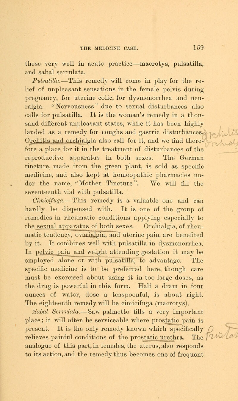 these very well in acute practice—macrotys, pulsatilla, and sabal serrulata. Pulsatilla.—This remedy will come in play for the re- lief of unpleasant sensations in the female pelvis during pregnancy, for uterine colic, for dysmenorrhea and neu- ralgia. Nervousness due to sexual disturbances also calls for pulsatilla. It is the woman's remedy in a thou- sand different unpleasant states, while it has been highly lauded as a remedy for coughs and gastric disturbances. Orchitis and orchialgia also call for it, and we find there- fore a place for it in the treatment of disturbances of the reproductive apparatus in both sexes. The German tincture, made from the green plant, is sold as specific medicine, and also kept at homeopathic pharmacies un- der the name, -'Mother Tincture. We will fill the seventeenth vial with pulsatilla. Cimicifuga.—This remedy is a valuable one and can hardly be dispensed with. It is one of the group of remedies in rheumatic conditions applying especially to the sexual apparatus of both sexes. Orchialgia, of rheu- matic tendency, ovarialgia, and uterine pain, are benefited by it. It combines well with pulsatilla in dysmenorrhea. In pqlvici(i[pjim and weight attending gestation it may be employed alone or with pulsatilla, to advantage. The specific medicine is to be preferred here, though care must be exercised about using it in too large doses, as the drug is powerful in this form. Half a dram in four ounces of water, dose a teaspoonful, is about right. The eighteenth remedy will be cimicifuga (macrotys). Sabal Serrulata.—Saw palmetto fills a very important place; it will often be serviceable where prostatic pain is present. It is the only remedy known which specifically Q relieves painful conditions of the pro static^ urethra. The ) 1A&- analogue of this part, in females, the uterus, also responds to its action, and the remedy thus becomes one of frequent