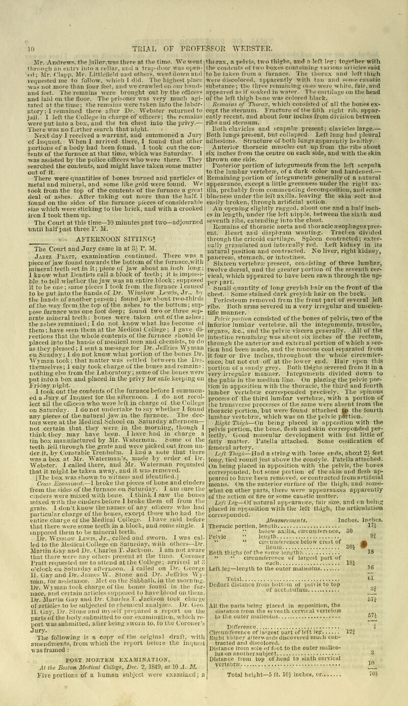 Sir. AndrewR, tbe iHilor,-was there at tlie time. We went f)n-oi)gli nil eiitrv into a cellar, arxl a trap-clooi' was open- ed ; Mr. f'lapp, iMr. Littlelielfl and othos, wentdown arid requested me to follow, wliiuli I did. The highest place; was not more than tour feet, and we crawled on nnr hnnds and feet. Tlie remains were brought out by the ofScers and laid on the floor. The prisoner'vras very much agi- tated at the time; the remains were taken into the labor- atory :1 remained there after Dr. Webster returned to jail.' I left the College in charge of ofiicers; the remains were put into a box, and the tea chest into the privy.— There was no farther search that night. ' Next day I received a warrant, and summoned a Jury of Inquest. When I arrived there, I found that other portions of a body had been found. 1 took out the con- tents of the furnace at that time, which was Saturday. 1 was assisted by the police otBcers who were there. They searched the contents, and might have taken some matter out of it. There were quantities of bones burned and particles ot metal and mineral, and some like gold were found. We took from the top of the contents of the furnace a great deal of ashes. After taking out more than the half. I found on the sides of the iurnace pieces of considerable size which were sticking to the brick, and with a crooked iron I took them up. The Court at this time—10 minutes pa,st two—adjourned until half past three V. M. -■.. Ai'TEKKOON SITXmGi The Court and Jury came in at S^ V. M. Jabez Fe.wt, examination continued. There wa.s a piece of jaw found towards the bottom of the fnrnace.with mineral teeth set in it; piece of jaw about an inch long; 1 know what Dentists call a block of teeth ; it is impos.^i- ble to tell whether the jaw was an entire block; supposed it to be one; same pieces I took from the furnace 1 caused to be put into the hands of Dr. Winslpw Lewis, Jr., by the hands of another person ; found jaw about two-thirds of the wav from the top of the ashes to the bottom; sup- pose furnace was one foot deep; found two or three sep- arate mineral teeth : bones were taken out of the ashes; the ashes remained; I do not know what has become of them; have seen them at the Medical College; 1 gave di- rections that the whole contents of the furnace should be placed into the hands of medical men and chemists, to do as they pleased ; 1 sent a message for Dr. Jeffries Wyman on Sunday: I do not know what portion of the bones Dr. Wyman took; that matter was settled between the Dis. themselves; 1 only took charge of the bones and remains; nothing else fi'om the Laboratory; some of the bones were put into a box and placed in the privy lor safe keeping on l>iday night. I took out the contents of the furnace before I summon- ed a Jury of Inquest for the ailernoon. 1 do not recol- lect all tiie oliicei-s who were left in charge of the College on Saturday. 1 do not undertake to say whether I found any pieces of the natural jaw in the furnace. The doc- tors were at the Medical School on Saturday afternoon— not certain that they were in the morning, though I think they may have been. I have had in charge a tin box manufactured by Mr. Waterman. Some of the teetli lell through the grate and wei e picked out from un- der it, bv Constable Trenholm. I had a note that there was a box at Mr. AVaterman's, made by order of Dr. Webster. I called there, and Mr. Waterman requested that it might be taken away, and it was removed. [The box was shown to witness and identified.J Crots Examineii.—l broke the pieces of bone and cinders from the sides of the furnace on Saturday. I am sure the cinders were mixed with bone. I think I saw the bones mixed with the cinders belbre I broke them off from the grate. I don't know the names of any ofiicers who had particular charge of the bones, except those who had the c-ntire charge of the Medical College, i have said before that there were some teeth in a block, and some single. 1 supposed them tfl be mineral teeth. Dr. Wi^sLow Lewis, Jr., called and sworn. I was cal- led to the Medical College on Saturday, with others—Dr. Martin Gay and Dr. Charles T. Jackson. 1 am not aware that there were any others present at the time. Coroner Pratt requested me to attend at the College; arrived at 3 o'clock on Saturday afternoon. 1 called on Dr. George IL Gay and Dr. James W. Stone and Dr. Jeflries Wy- mkn, for as.'iistance. Met on the Sabbath, in the morning. Dr. Wyman took charge of the bones found in the fur- nace, and certain articles supposed to have blood on them. Dr. Martin (jay and Dr. Charles T. Jackson took charge of articles to be subjected to chemical aiialiscs. Dr. (jeo. H. Gay, Dr. Stone and m>self prepared a rejiort on the parts of the body submitted to oiir examination, which re- port was submitted, after being sworn to, to the Coroner's Jury. The following is a copy of the original draft, with amendments, from which the report beiare the inquest was framed : POST MOKTEM EXAMINATION, At the Boston Medical College, Dec. 2, 1849, at 10 A. M. Five portions of a humEiii subject were txamincd; a thorax, a pelvis, two thighs, and a left leg; together with the contents of two boxes containing various aiiicles said to be taken from a furnace. The thorax and left thijfh were discolored, apparently witli tan and some caustic substance; the three remaining ones were while, fair, and appeared as if soaked in water. Tl>e cartilage on the head of the left thigh bone was colored black. Remains of Thorax, which consisted of all the bones ex- cept the sternum. Fracture of the fifth right ril), appar- ently recent, and about four inches from division between ribs and sternum. Both clavicles and scapulae present; clavicles large.— Both lungs present, but collapsed. Left lung had pleural adhesions. Structure of both lungs apparently healthy. Anterior thoracic muscles cut up from the ribs about six inches from the centre on each side, and with the skin thrown one side. I'osterior portion of integuments from the left scapula to the lumbar vertebr;?, ofa dark color and hardened.— Kemaining portion of integuments generally of a natural appearance, except a little greenness under the right ax- illa, probably from commencing decomposition, and seme blueness under the left axilla, leaving the skin solt ami easily broken, through artificial action. An opening slightly ragged, about one and a h.alf inch- es in length, under the left nipple, between the sixth and seventh ribs, extending into the chest. Remains of thoracic aorta and thoracic esophagus pres- ent.. Heart and diaphram wanting. Tractea divided through the cricoid cartilage. Spleen conti-acted ; exter- nally granulated and internally red. Left kidiity in its natural position and contracted. Ko liver, right kidney, pancreas, stom.ach, or intestines. Sixteen vertebrte present, consisting of three lumbar, twelve dorsal, and the greater portion of the seventh cer- vical, which appeared to have been saw n through the up- per part. Small quantity of long greyish hair on the front of the chest. Some stained dark'greyish hair on the back. Periosteum removed from the front part of several left ribs. Both arms severed in a very irregular and unscien- tific manner. Pelvic portion consisted of the bones of pelvis, two of the inferior lumbar vertebrse, all the integuments, muscles, organs, &c., and the pelvic viscera generally. All of the intestine remaining was about six inches of the rectum, through the anterior and external portion of which a sec- tion had been made, and the mucous coat separated from it four or five inches, throughout the whole circumfer- ence, but not cut off at the lower end. Hair upon this portion of a sandy grey. Both tWghs severed from it in a very irregular manner, integuments divided down to the pubis in the median line. On placing the pelvic por- tion in apposition with the thoracic, the third and fourth lumber vertebrae corresponded precisely. The spinous process of the third lumbar vertebra;, with a portion of the transverse processes of the same were absent from the thoracic portion, but were found attached tp the fourth lumbar vertebrfe, which was on the pelvic portion. Right Thigh—On being placed in apposition with the pelvis portion, the bone, flesh and skin corresponded per- fectly. Good muscular development with but little of fatty matter. Patella attached. Some ossiticaticn of femoral artery. Left Thigh—Had a string with loose ends, about 2} feet long, tied round just above the condyle. Patella attached. On being placed in apposition with the pelvis, the bones corresponded, but some poition of the skin and flesh ap- peared to have been removed, or contracted from artificial means. On the anterior surface of the thigh, and some- what on other parts, there were appearances apparently of the action of fire or some caustic matter. LeftLeg—Ot'nntuTa] appearance, fair size, and on being placed in apposition with the left thigh, the articulation corresponded. Measureinenis. Inches. Infhcs. Theracic portion, len.uth 17i •'  below axiUa, circunilertnce, 30 Pelvic  leiiRtii 9?   circumference below crest of ^ ileum 30i  Both thighs (of the SHme lens^'th) 18  '■ circiimfcrepce of largest part of fuch ' ISi I^eft leg—length to the outer malteolus 3 fi Total Deduct dibtanco from Ijuttoin ot i)cl\ Is to top of acct.'.bulum All the parts lielns placed in apposition, the (li.stance iioin the seventli cervical vertebra to tlie outer nialleolus 61 bli m DifTerenee , Cii'cuniferericc of largest part of left leg 125 Kipht Uiilnc3' alterwards discovered much con- tracted and discolored. Distance from sole ot fuot to the outer malleo- lus on anotiier subject 3 Distance tioin top of head to sixth cervical vertebra' 10 Total heiKht—5 ft. lOi inches, or. <0i