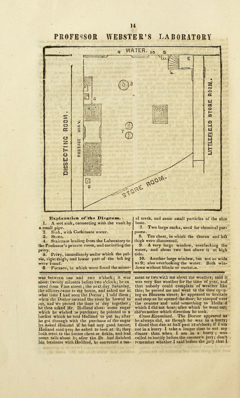 PROFESSOR WEBSTER'S LABORATORY 1. A wet sink, conneeting wiUi the vault by a small pipe. 2. Sink, with Cocteituate water. 3. Stove. 4. Staircase leading from the Laboratory to i:ke Professor's private room, and eneireling the privy. 5. Privy, immedietely und^r which the pel- vis, right thigh, aod lower part of the left leg were found. 6. Furnace, in which were found the tuiner- w*a between one and two o'clock; it was about twenty minutes before two o'clock; he en tered from Vine street; the next day, Saturday, fhe officers came to my hoHse, and asked me at what time I had seen the Doctor ; I told them; when the Doctor entered the store he bowed to rne, and^we passed the time of day together ; he then asked Mr. Holland abous some sugar which he wished to purchase; he pointed to a bucket which he told Holland to put in; after ae got throngh with the purchase of the sugar lie asked Hoiknd if he had any good butler; Holland said yes; he asked to look at it; they both went to the butter chest or firkin, and had some talk about it; after the Dr had finished Ms business with Hollhnd, he conversed a me- al teeth, and some small particles of the shin bone. 7. Two large casks, used for chemical pur- poses. 8. Tea chest, in which the thorax and left thigh were discovered. 9. Avery large window, overlooking the water, and about two <eet above it at high tide. 10. Another large window, but not so wide as 9; also overlooking the water. Both win- dows without blinds or curtai.is. ment or two with me about the weather; said it was very fine weather for the time of year, and that nobody could complain of weather like this; he passed me and went to the door open- ing on Blossom street; h'? appeared to hesitate and stop as he opened the door; he stooped over the counter and said something to HoUai d which I did not hear; after which he went out; did'ntnotice which directioa he took. Cross Examined. The Doctor appeared as he alvrays did, as though he was in a hurry; I dined that dayat half past 12 o'clock; if I am not in a hurry I take a longer time to eat my dinner than when I am in a hurry ; was called to testify before the coroner's jury; don't remember whether I said before the jury that I