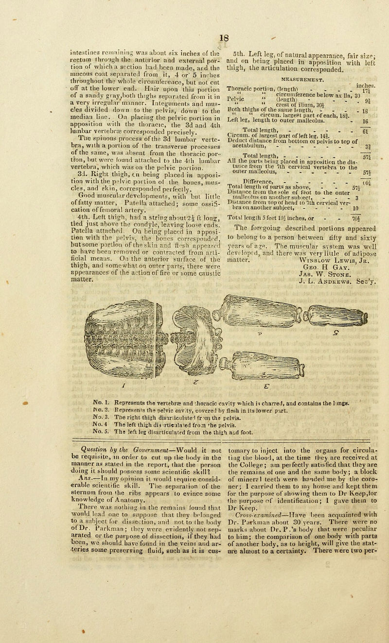 Intestines remaining was about six inches of the rectum (hro-jgh the anterior and external por- tion of which a section had been made, and the mucous coat sejiarated from it, 4 or' 5 inr.hes throughout the whole circumference, but not cut off at the lower end. Hair upon this portion of a sandy gi ay_,both thighs separated from it in a very irregular'manner. Integuments and mus- cles divided down to the pelvis, down to tlie median line. On placing the pelvic portion in apposition with the thoracic, the 3d and 4th lumbar veriebras corresponded precisely. The spinous process of the 3d lumbar verte- bra, with a portion of ihe transverse processes of the same, was absent from the thoracic por- tion, but were (ound attached to the 4th lumbar vertebra, which was on the pelvic portion. _ 8J. Right thigh, tii being placed in apposi- tion with the pelvic portion ol the bones, mus- cles, and gUin, corresponded perfectly. Good musculardevelopments, with but little of fatty matter. Patella attached ; some ossiS- cation of femoral artery. _ 4th. Left thigh, had a string about 2| ft long, tied just above the condyle, leaving loose ends. Patella attached. On being placed in apposi- tion with the pelvis, the bones cnrrespondrd, but some portion of the skin and fl^'sh appeared to have been removed or contracted from arti- ficial means. On the anterior surface of the thigh, and somewhat on outer parts, there were appearances of the action of fire or some caustic matter. 5th, Left leg, of natural appearance, fair size; and on being- placed in apposition with left thigh, the articulation corresponded. MEA.SUREMENT. Thoracic portion, (IfngtW - . . .'171® _ /; '' circumference below ax Ua, 30  Pelvic  (length) - . . M   crest of ilium, 30i Both thighs of the same length, - - . . ig ''  circum. largest part of each, 183. Left leg, length to outer malleolus. - 16 Total length, - - - - . gT Circum. of largest part of left leg. 14|. Deduct distance from bottom of pelvis to top of acetabulum, ----._. .35 Total length, 57I All the parts being placed in apposition the dis- tance trom the 7th cervical vertebra to the outer malleolus, .- = ... 51^ Difference, ---... (Oi Total length nf parts as above, - - 571 Distance from the sole of foot to the outer malleolus on another subject, ... 3 Di.^tance from top ol head 10 7th cervical ver- bra on auoiher subject, - - - - 10 Total length 5 feet lOi inches, or - - toJ The foregoing described portions appeared to belong to a person between fifty and sixty- years of age. The mui?cular system was well developed, and there was very little of adipose matter. Winslow Lewis, Jr. Geo. H Gay. Jas. W. Stone. J. L. Andkews. Sea'y, No. 1. Represents the vertebras and '.horacic cavity -which U charred, and contains the lungs. fto. 2. Eepresenis the pelvic cav;ty, covereJ by flesh in its lower part. No. 3, The right thigh disarilculate-l frirn the pelvis. No. 4 The left thish dis rtisulated fro.ii 'he pelvis. No. 5. The left leg di.^articulattd from the thiijh atd foot. Question, by the Government—Would it not be requisite, in order to cut up the body in the manner as stated in the report, that the person doing it should possess some scientific skilll Ares.—In my opinion it would lequire consid- erable scientific skill. The separation of the slernum from the ribs appears to evince some knowledge of Anatomy. There was nothing in the remains found that would lead one to suppose that they belonged to a subject for dissection, and not to the body ofDr. Parkman; they were evidently not sep- arated or the purpose ol dissection, if they had been, we should have found in the veins and ar- teries some preserving fluid, such as it is cus- tomary to inject into the organs for circula- ting the blood, at the time Ihey are received at the College ; am pet fectly satisfied that they are the remains of one and the same body; a block of miner? I teeth were hsnded me by the coro- ner; 1 carried them to iny house and kept them for the purpose of showing them to Dr Keep,for (he purpose r>f identification; I gave them to Dr Keep. Cross-examined—Have been acquainted with Dr. Parkman about SO years. There were no marks about Dr. P.'s body that were peculiar to him; the comparison of one body with parts of another body, as to heiglit, will give the stat- ure almost to a certainty. There were two per-