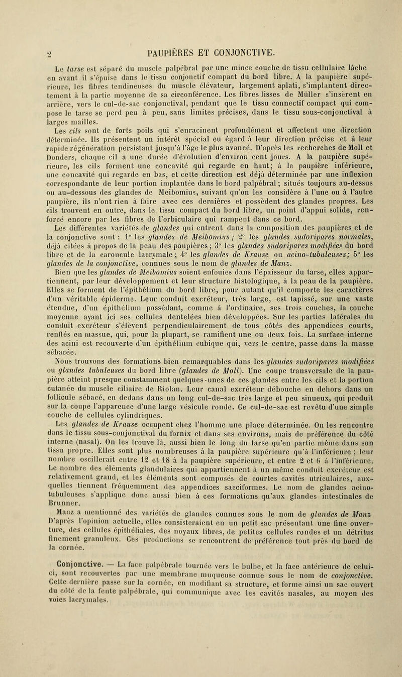 Le tarse est séparé du muscle palpébral par une mince couche de tissu cellulaire lâche en avant il s'épuise dans le tissu conjonctif compact du bord libre. À la paupière supé- rieure, les fibres tendineuses du muscle élévateur, largement aplati, s'implantent direc- tement à la partie moyenne de sa circonférence. Les fibres lisses de Millier s'insèrent en arrière, vers le cul-de-sac conjonctival, pendant que le tissu connectif compact qui com- pose le tarse se perd peu à peu, sans limites précises, dans le tissu sous-conjonctival à larges mailles. Les cils sont de forts poils qui s'enracinent profondément et affectent une direction déterminée. Ils présentent un intérêt spécial eu égard à leur direction précise et à leur rapide régénération persistant jusqu'à l'âge le plus avancé. D'après les recherches de Moll et Donders, chaque cil a une durée d'évolution d'environ cent jours. A la paupière supé- rieure, les cils forment une concavité qui regarde en haut; à la paupière inférieure, une concavité qui regarde en bas, et celte direction est déjà déterminée par une inflexion correspondante de leur portion implantée dans le bord palpébral ; situés toujours au-dessus ou au-dessous des glandes de Meibomius, suivant qu'on les considère à l'une ou à l'autre paupière, ils n'ont rien à faire avec ces dernières et possèdent des glandes propres. Les cils trouvent en outre, dans le tissu compact du bord libre, un point d'appui solide, ren- forcé encore par les fibres de l'orbiculaire qui rampent dans ce bord. Les différentes variétés de glandes qui entrent dans la composition des paupières et de la conjonctive sont : 1° les glandes de Meibomius ; 2° les glandes sudoripares normales, déjà citées à propos de la peau des paupières; 3° les glandes sudoripares modifiées du bord libre et de la caroncule lacrymale; 4° les glandes de Krause ou acino-lubuleuses; 5° les glandes de la conjonctive, connues sous le nom de glandes de Man%. Bien que les glandes de Meibomius soient enfouies dans l'épaisseur du tarse, elles appar- tiennent, par leur développement et leur structure histologique, à la peau de la paupière. Elles se forment de l'épithélium du bord libre, pour autant qu'il comporte les caractères d'un véritable épiderme. Leur conduit excréteur, très large, est tapissé, sur une vaste étendue, d'un épithéliutn possédant, comme à l'ordinaire, ses trois couches, la couche moyenne ayant ici ses cellules dentelées bien développées. Sur les parties latérales du conduit excréteur s'élèvent perpendiculairement de tous côtés des appendices courts, rendes en massue, qui, pour la plupart, se ramifient une ou deux fois. La surface interne des acini est recouverte d'un épithélium cubique qui, vers le centre, passe dans la masse sébacée. Nous trouvons des formations bien remarquables dans les glandes sudoripares modifiées ou glandes tubuleuses du bord libre (glandes de Moll). Une coupe transversale de la pau- pière atteint presque constamment quelques-unes de ces glandes entre les cils et la portion cutanée du muscle ciliaire de Riolan. Leur canal excréteur débouche en dehors dans un follicule sébacé, en dedans dans un long cul-de-sac très large et peu sinueux, qui produit sur la coupe l'apparence d'une large vésicule ronde. Ce cul-de-sac est revêtu d'une simple couche de cellules cylindriques. Les glandes de Krause occupent chez l'homme une place déterminée. On les rencontre dans le tissu sous-conjonctival du fornix et dans ses environs, mais de préférence du côté interne (nasal). On les trouve là, aussi bien le long du tarse qu'en partie même dans son tissu propre. Elles sont plus nombreuses à la paupière supérieure qu'à l'inférieure ; leur nombre oscillerait entre 12 et 18 à la paupière supérieure, et entre 2 et 6 à l'inférieure. Le nombre des éléments glandulaires qui appartiennent à un même conduit excréteur est relativement grand, et les éléments sont composés de courtes cavités utriculaires, aux- quelles tiennent fréquemment des appendices sacciformes. Le nom de glandes acino- tubulcuses s'applique donc aussi bien à ces formations qu'aux glandes intestinales de Brunner. Manz a mentionné des variétés de glandes connues sous le nom de glandes de Mann D'après l'opinion actuelle, elles consisteraient en un petit sac présentant une fine ouver- ture, des cellules épithéliales, des noyaux libres, de petites cellules rondes et un détritus finement granuleux. Ces productions se rencontrent de préférence tout près du bord de la cornée. Conjonctive. — La face palpébrale tournée vers le bulbe, et la face antérieure de celui- ci, sont recouvertes par une membrane muqueuse connue sous le nom de conjonctive. Cette dernière passe sur la cornée, en modifiant sa structure, et forme ainsi un sac ouvert du côté île la fente palpébrale, qui communique avec les cavités nasales, au moyen des voies lacrymales.