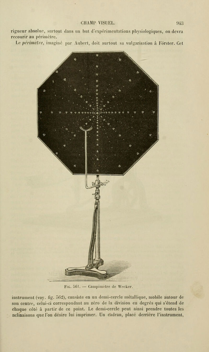 rigueur absolue, surtout dans un but d'expérimentations physiologiques, ou devra recourir au périmètre. Le périmètre, imaginé par Aubert, doit surtout sa vulgarisation à. Fdrster. Cet Fig. 561. — Campimëtre de Wecker. instrument (voy. fig. ô62), consiste en un demi-cercle métallique, mobile autour de son centre, celui-ci correspondant au zéro de la division en degrés qui s'étend de chaque côté à partir de ce point. Le demi-cercle peut ainsi prendre toutes les nclinaisons que l'on désire lui imprimer. Un c'adran, placé derrière l'instrument,